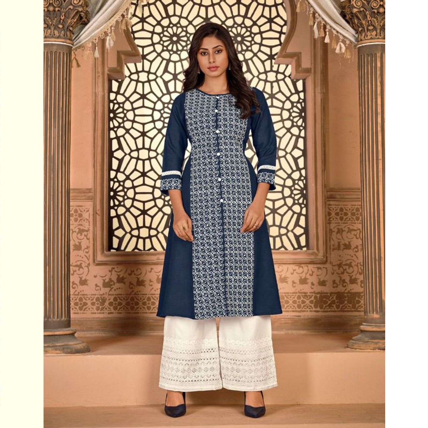Talk By Fashion Women Front Slit Embroidered Dark Blue Kurta with Palazzo
