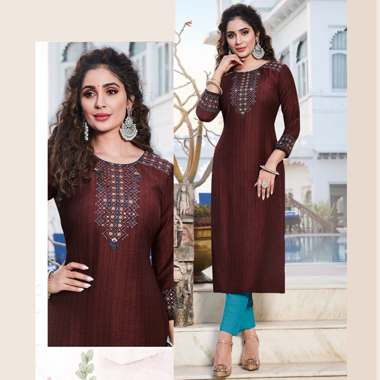 Women Embroidered Dark Cherry Maroon Color Pure Viscose Long Kurti