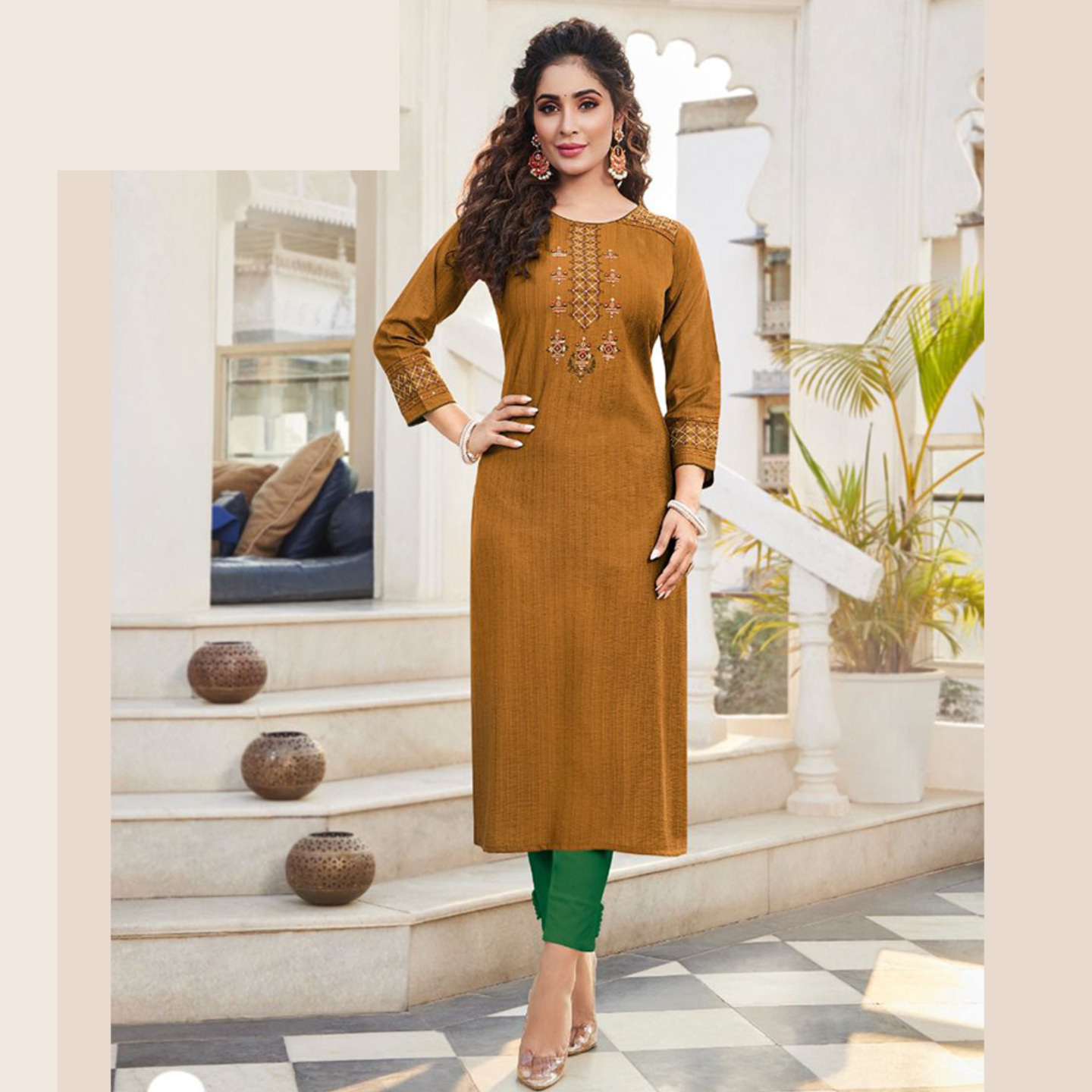 Women Embroidered Golden Mustered Color Pure Viscose Long Kurti