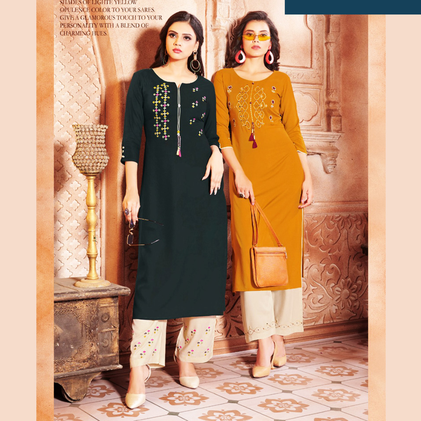 Talk By Fashion Women Mustered Yellow Embroidered Kurta with Palazzos