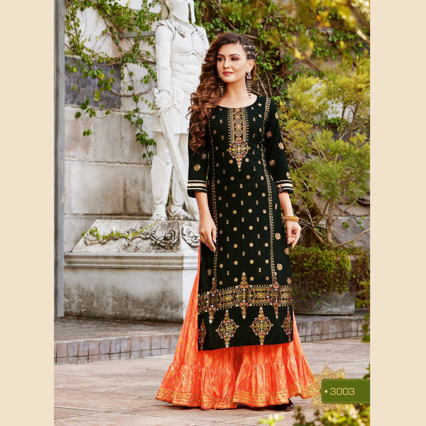 Liva Fashion Women Dark Bottle Green with Peach Color Printed Kurta with Sharara Set