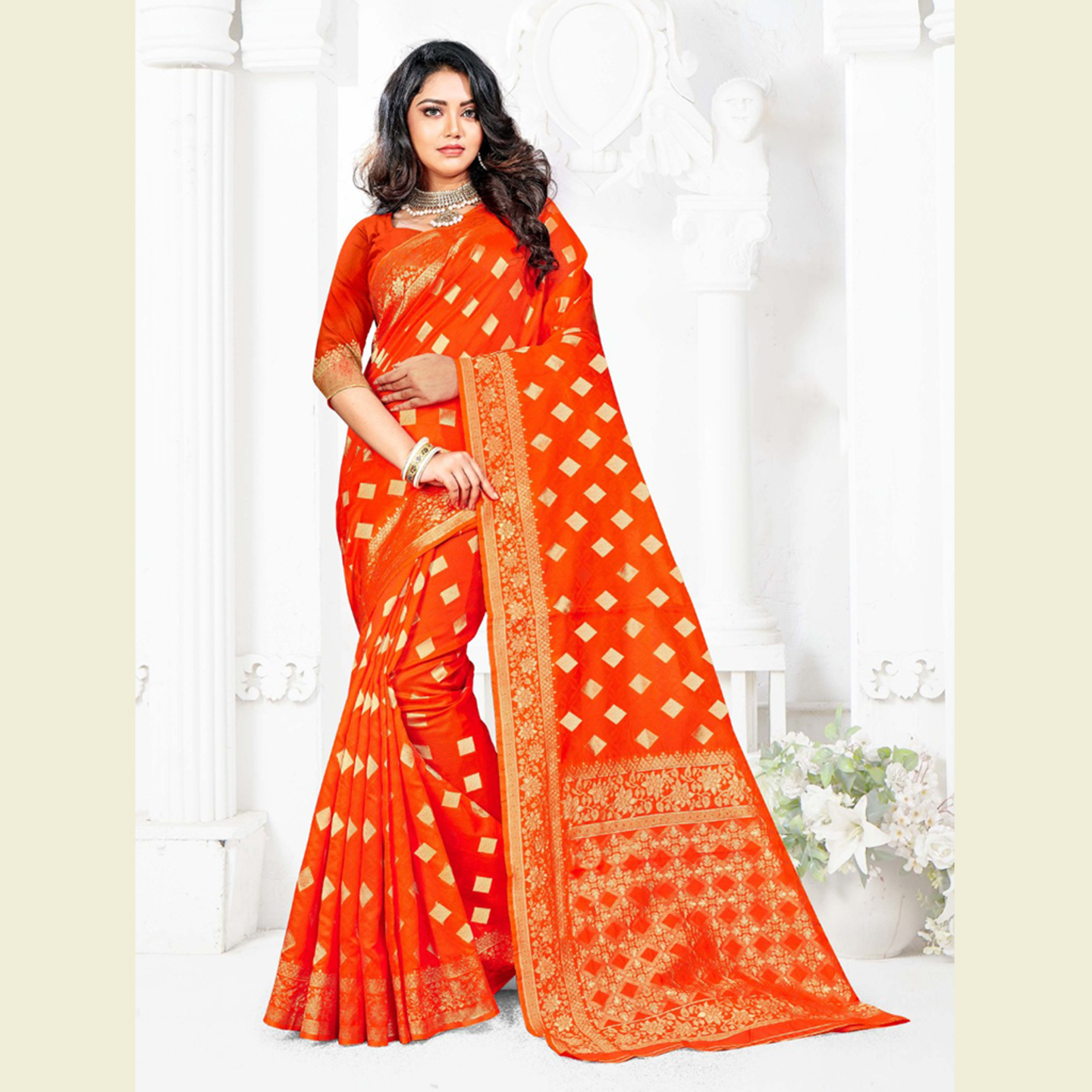 Talk By Fashion Women Handloom Silk Party Wear Saree Fresh Orange