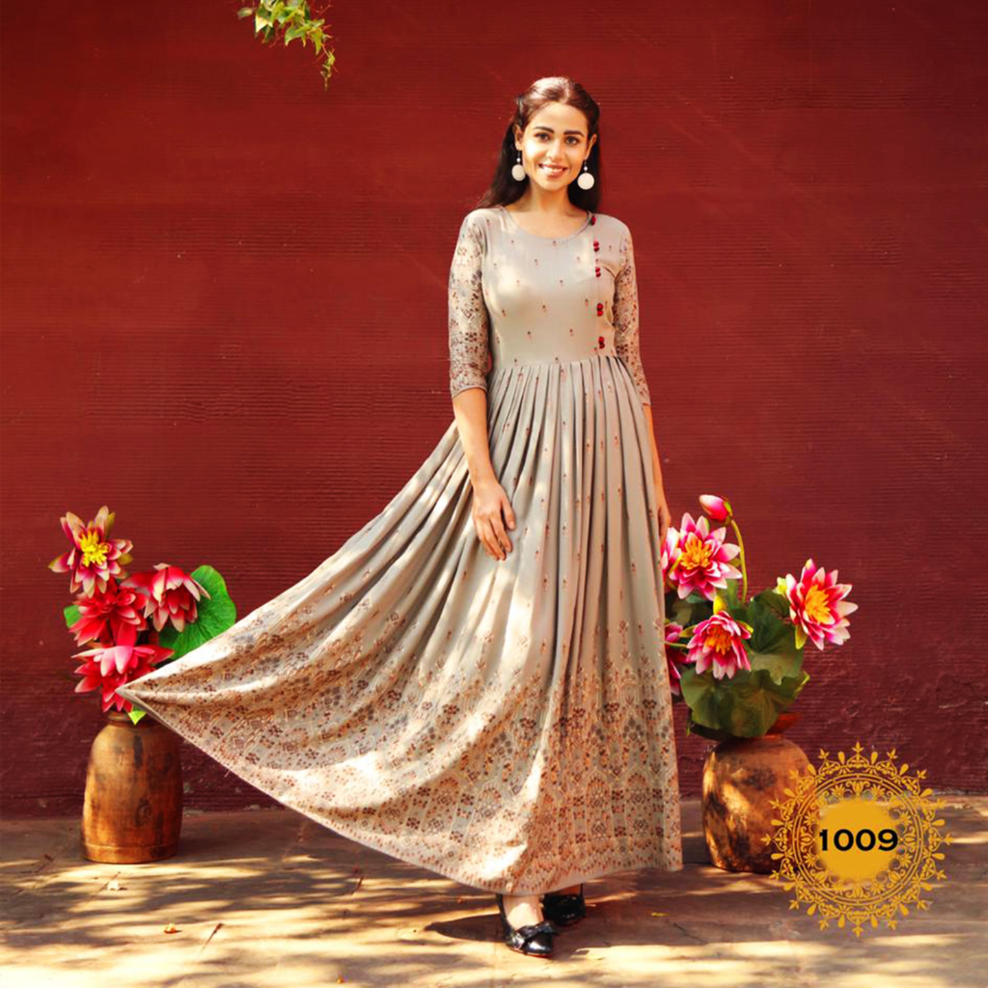 Talk By Fashion Heavy Gold Printed Flared Ethnic Wear Gown Kurtis