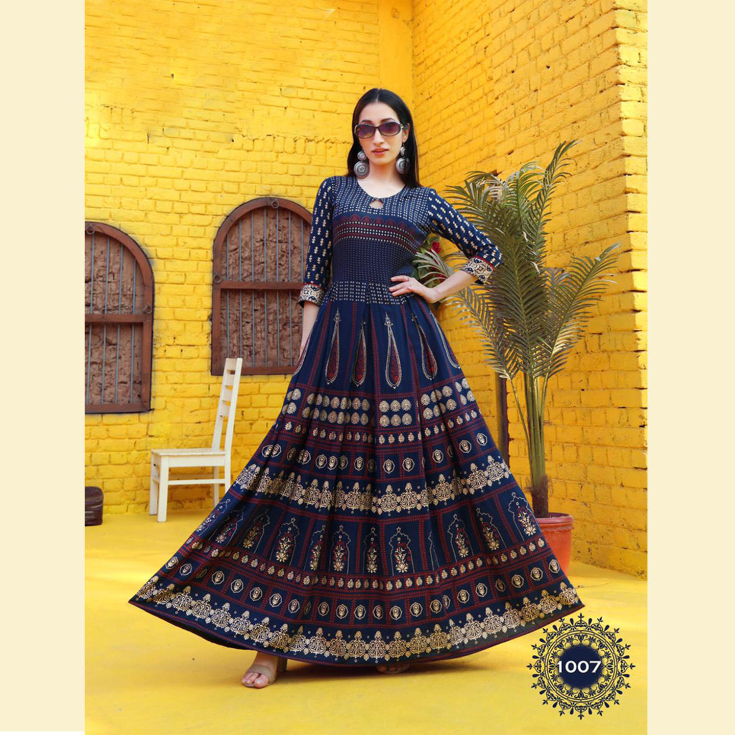 Talk By Fashion Heavy Gold Printed Flared Ethnic Gown Dress