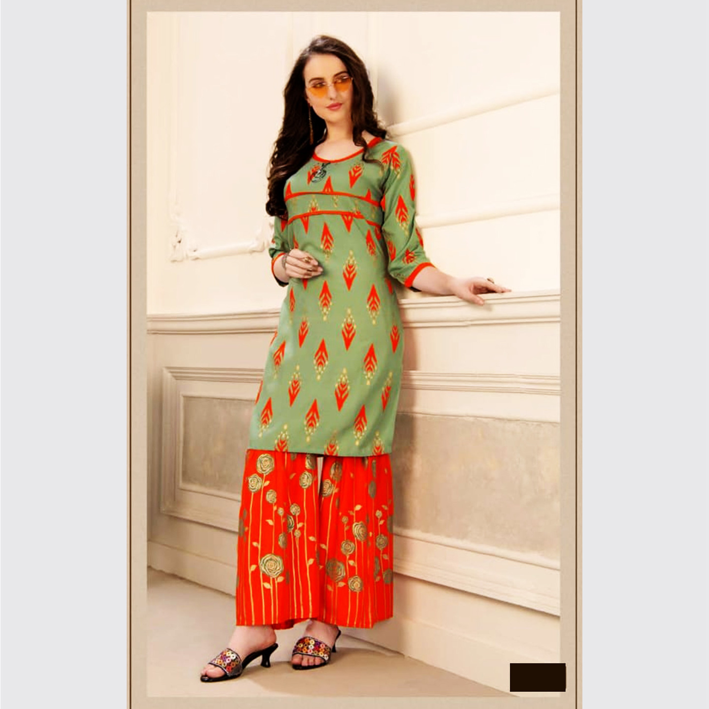 Talk By Fashion Women Rayon Gold Printed Kurti with Palazzo Set Pestal Green