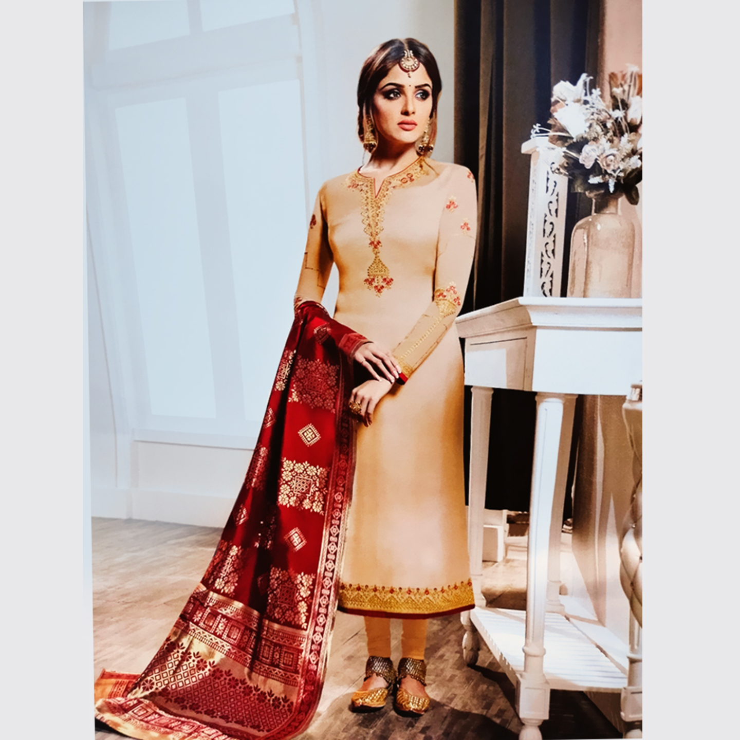 Talk By Fashion Women Satin Georgette Embroidered Dress Material Beige