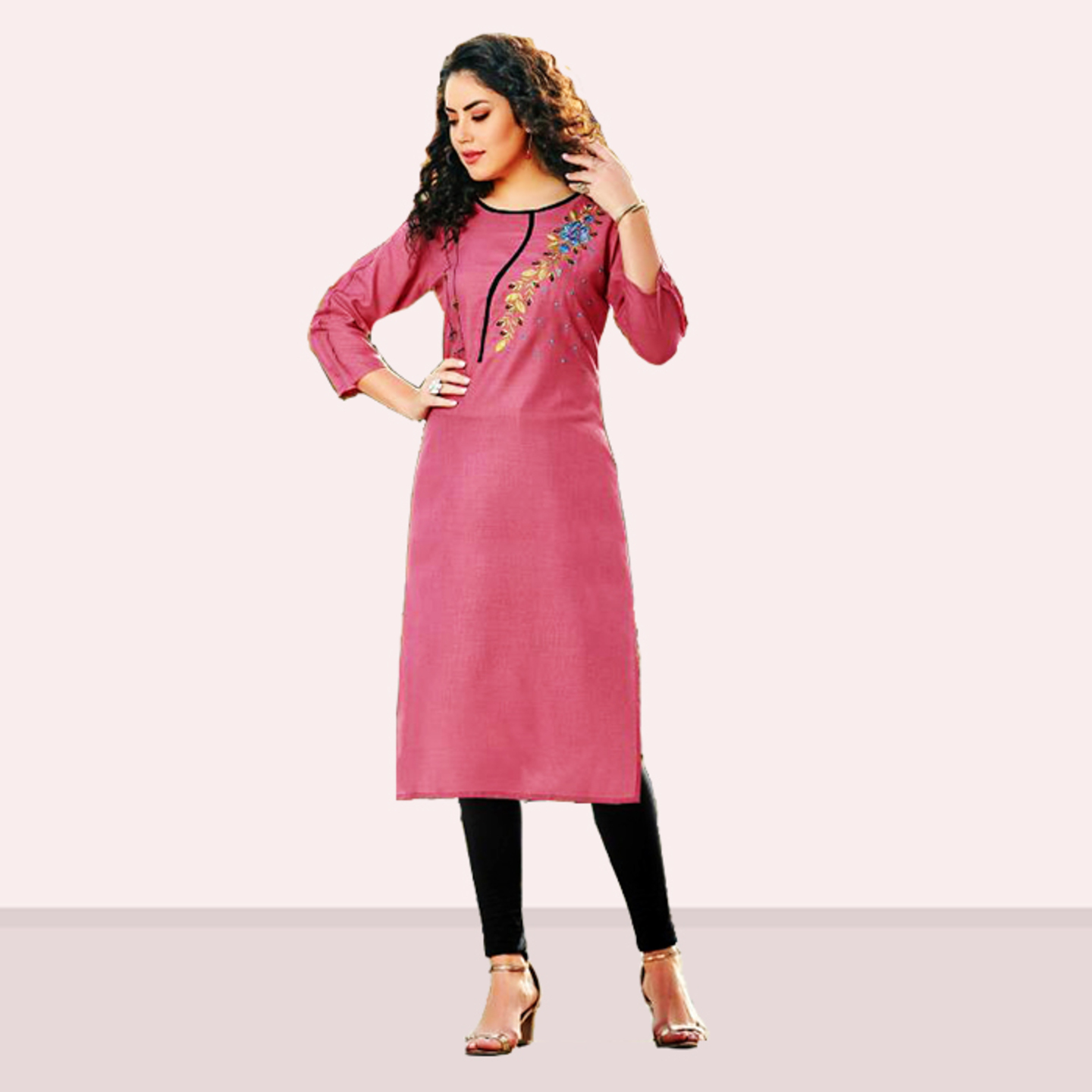 Talk By Fashion Women Cotton Slub Embroidered Kurti Rose Pink