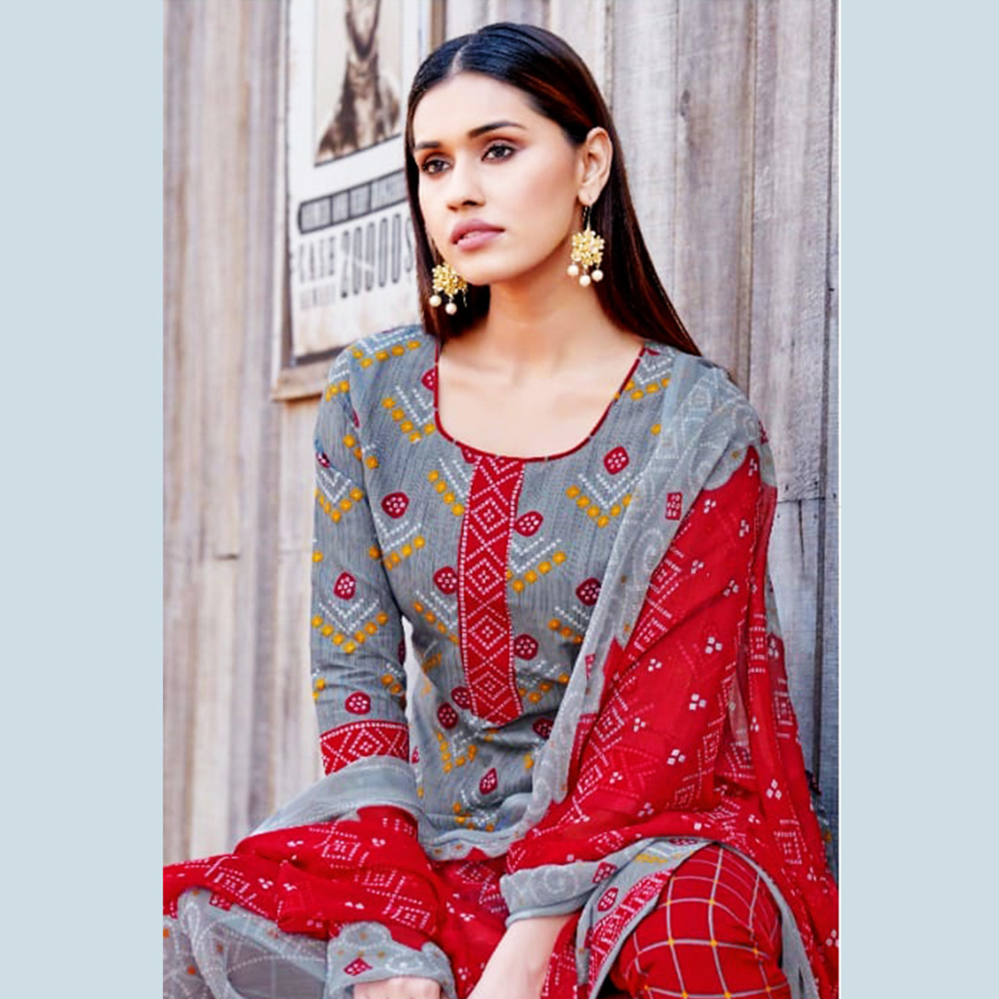 Talk By Fashion Gray & Red Cotton Blend Unstitched Dress Material