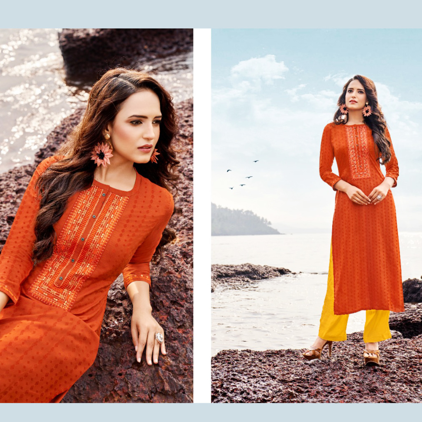 Women Dark Orange Embroidered Straight Kurta