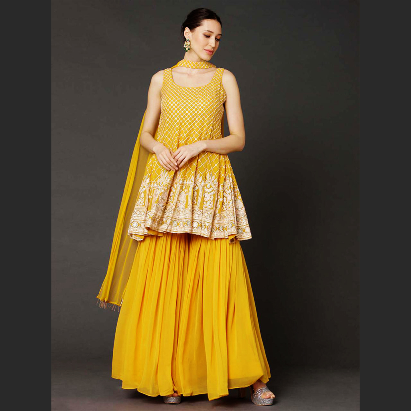 Women Yellow Color Embroidered Kurta with Sharara Dupatta Set
