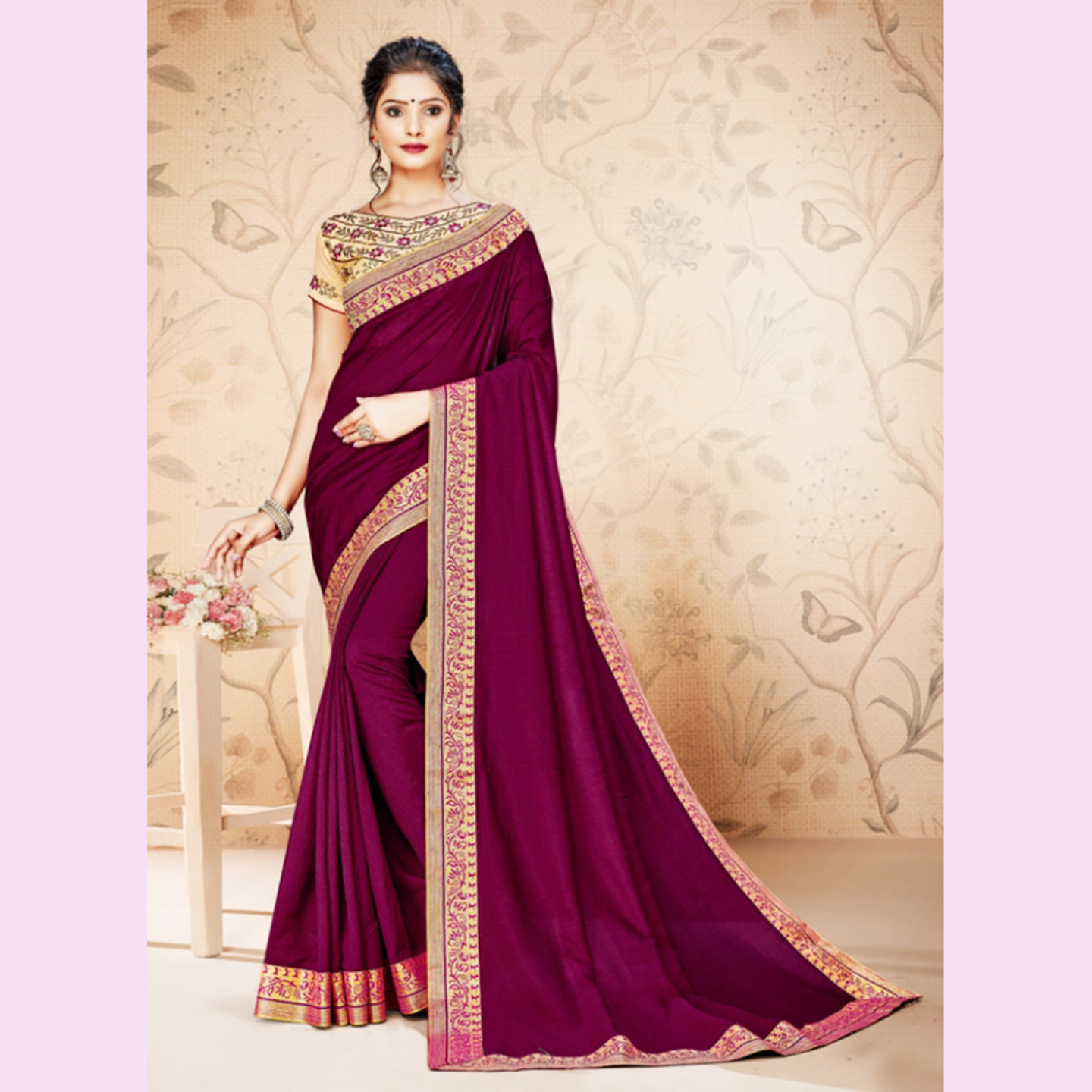 Talk By Fashion Women Solid Wine Colored Vichitra Silk Saree with Border