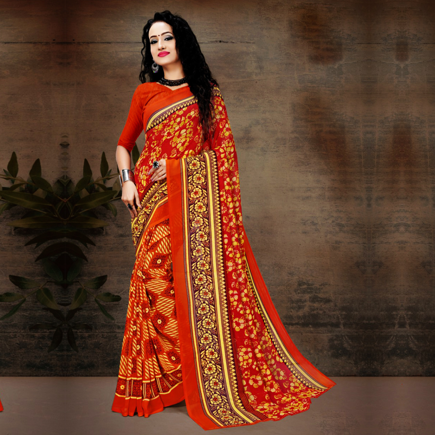 Talk By Fashion Women Raniel Georgette Printed Saree Orange