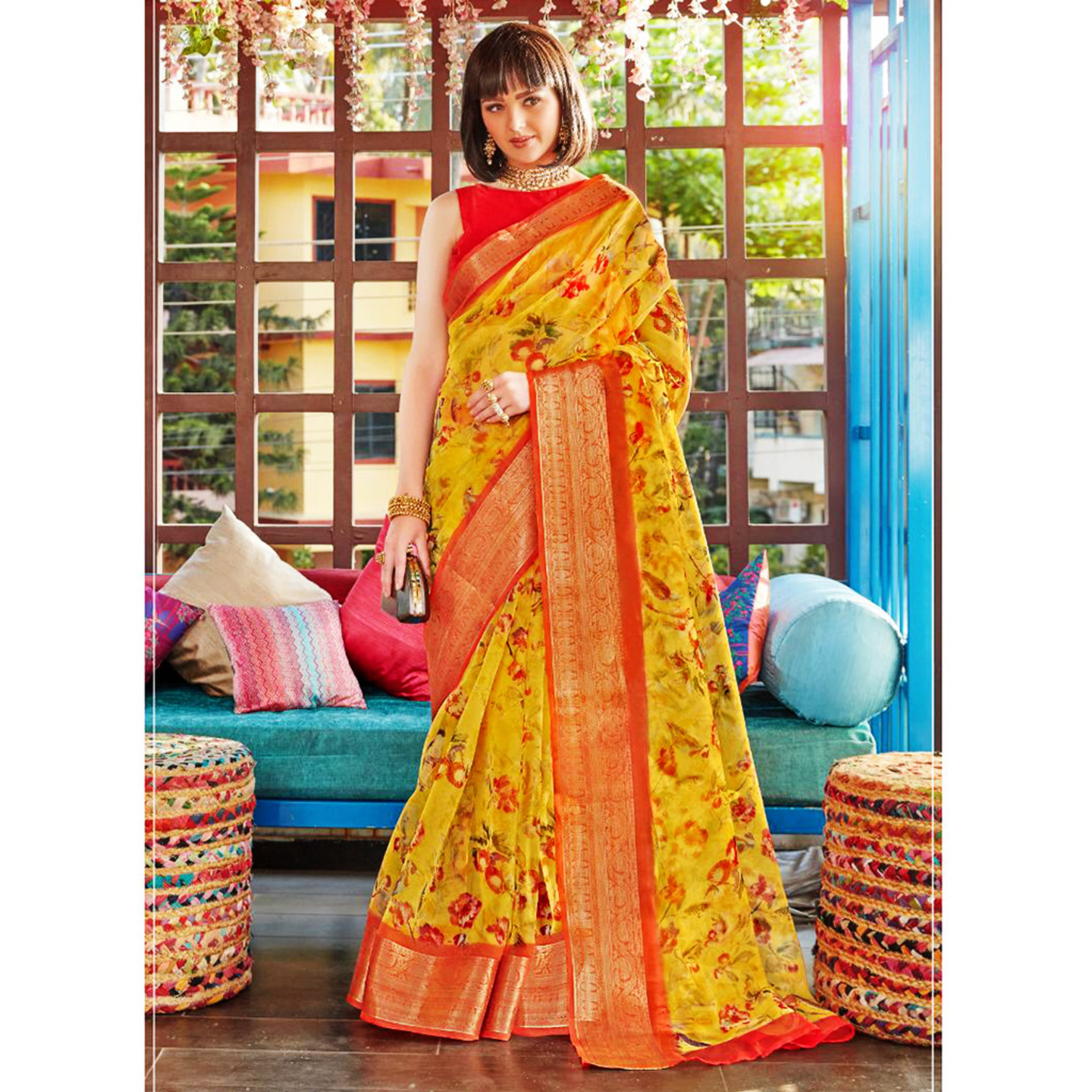 Talk By Fashion Women Pure Organza CollamSilk Saree Yellow Red
