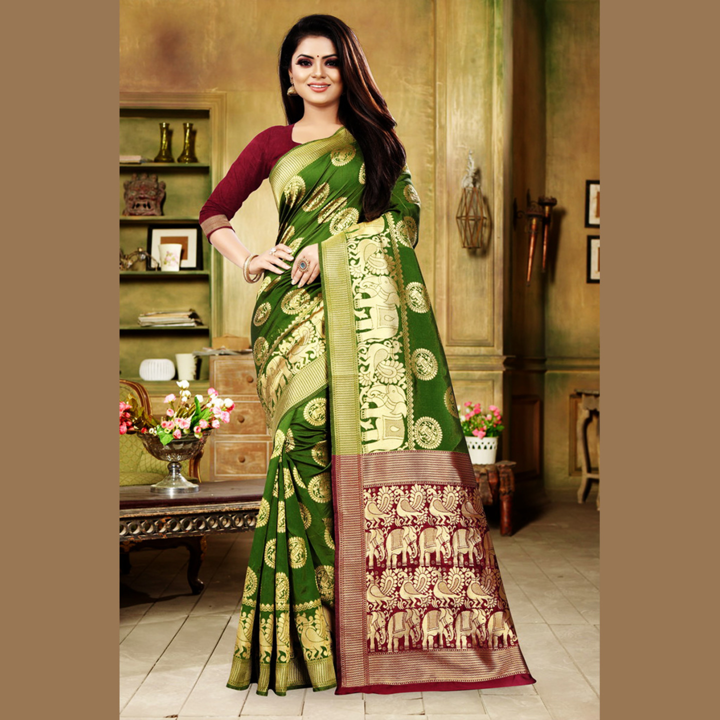 Talk By Fashion Women Art Silk Banarasi Saree Mehendi Green