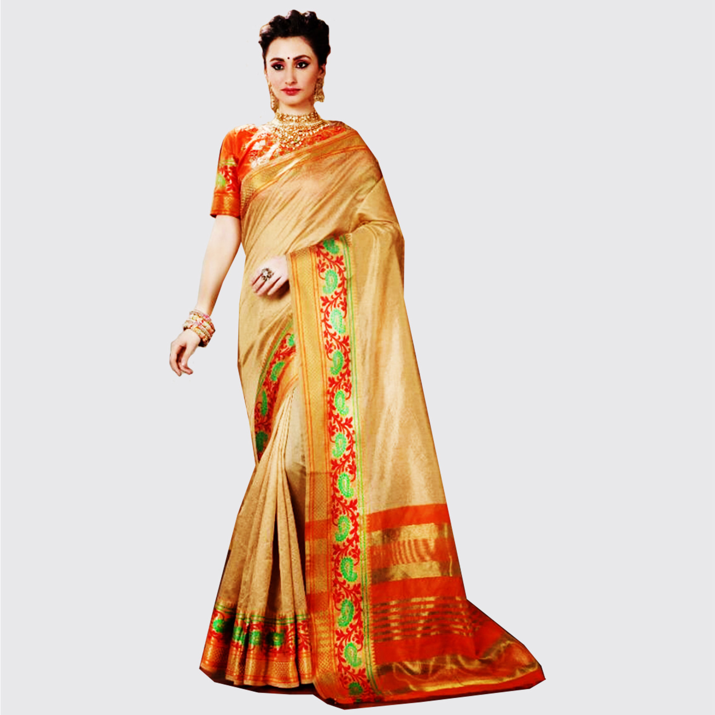 Talk By Fashion Women Banarasi Silk Saree Skin Golden with Orange Blouse