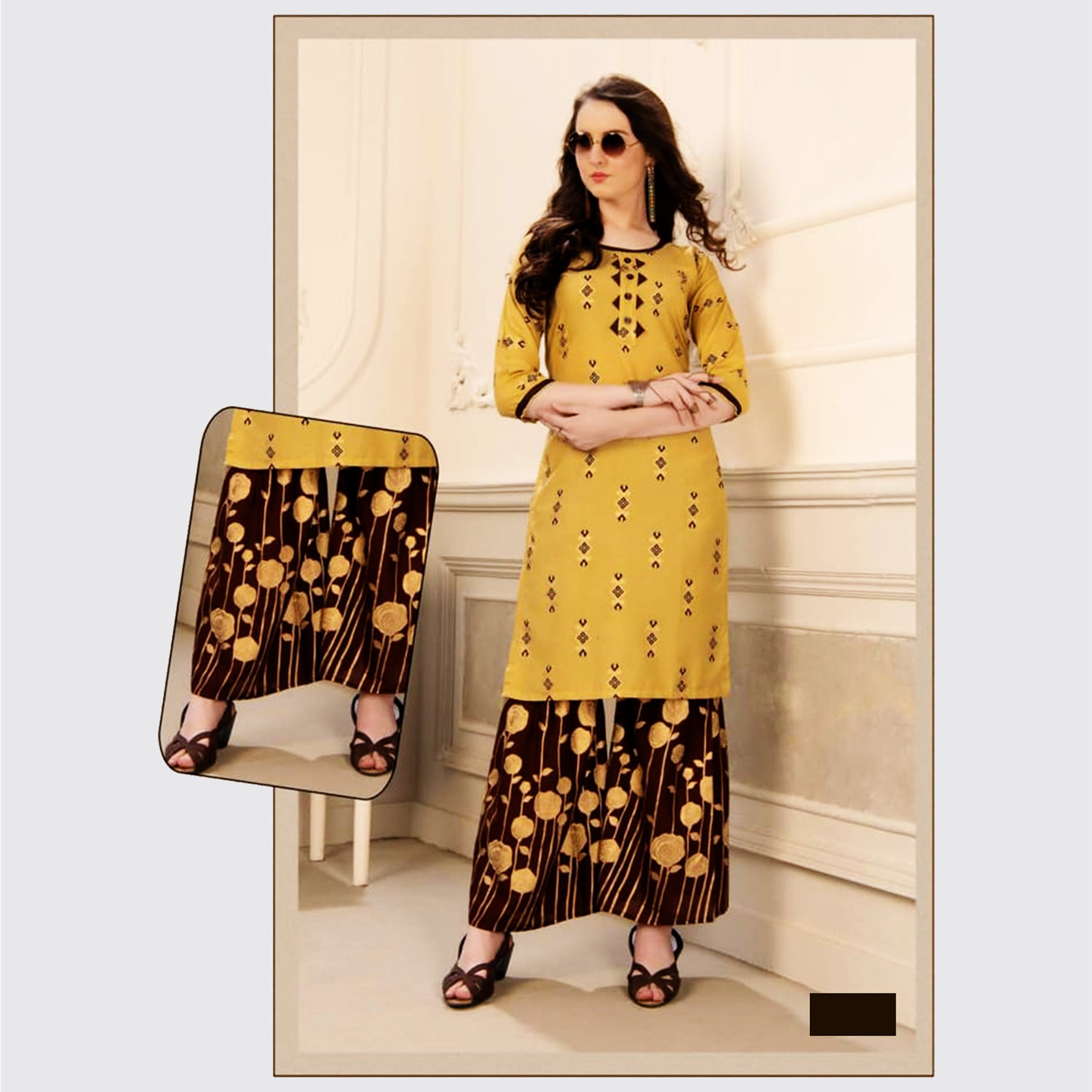 Talk By Fashion Women Rayon Gold Printed Kurti with Palazzo Set Yellow