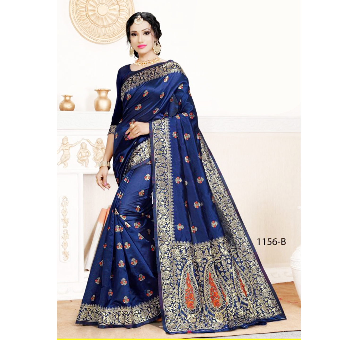 Talk By Fashion Women Cotton Silk Banarasi Saree Dark Blue