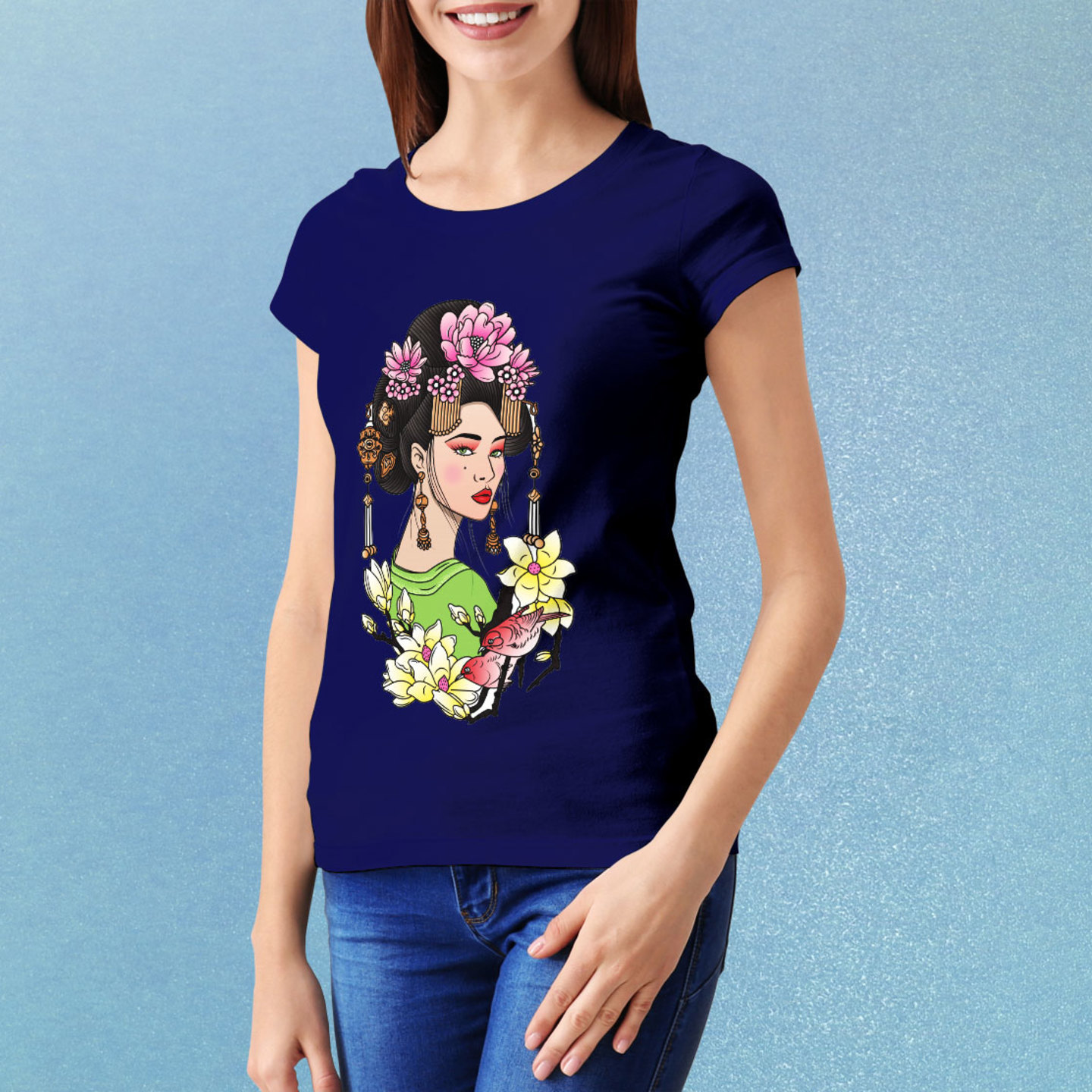 Talk By Fashion Kimono Girl Graphic Women t-shirt Blue