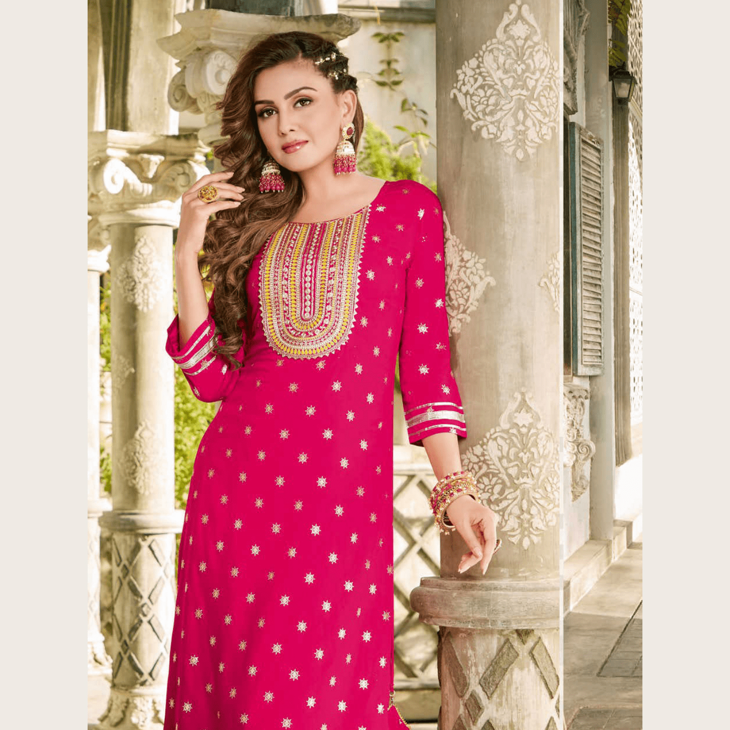 Liva Fashion Women Pink with Yellow Color Kurta with Sharara Set