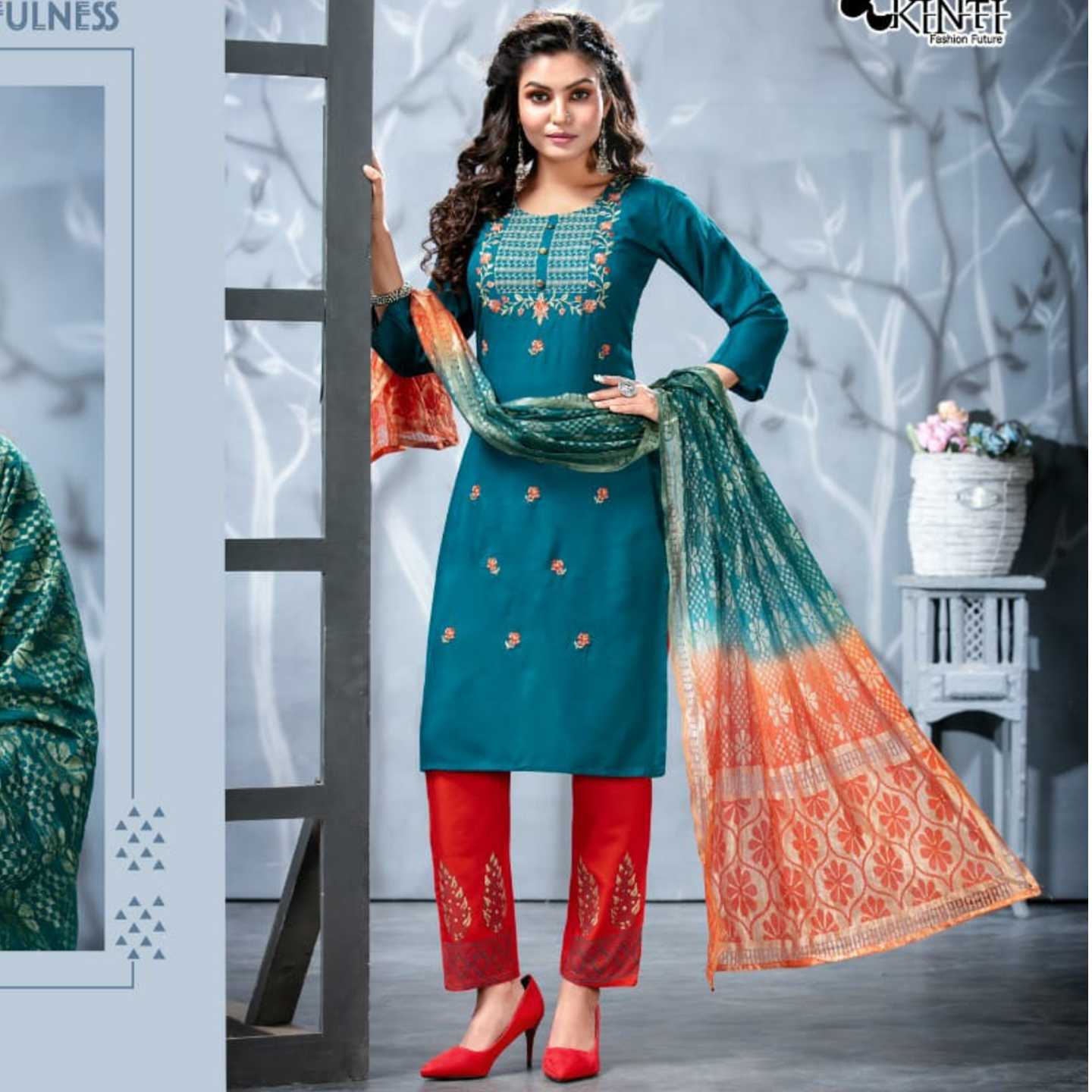 Women Blue & Orange Color Embroidered Kurta with Trousers & Dupatta