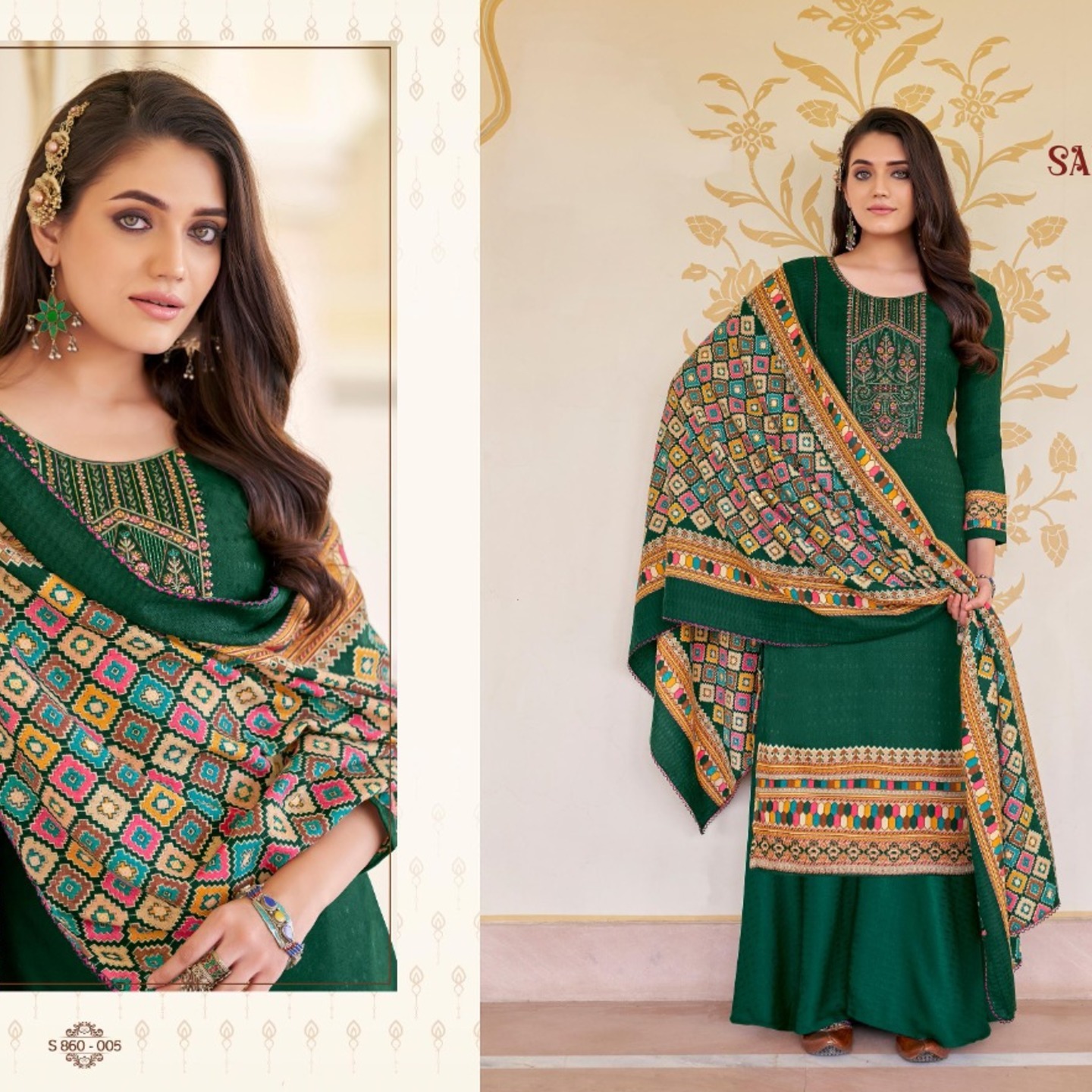 Alok Samadaa Women Ocean Blue Color Pure Wool Pashmina Embroidered Dress Material