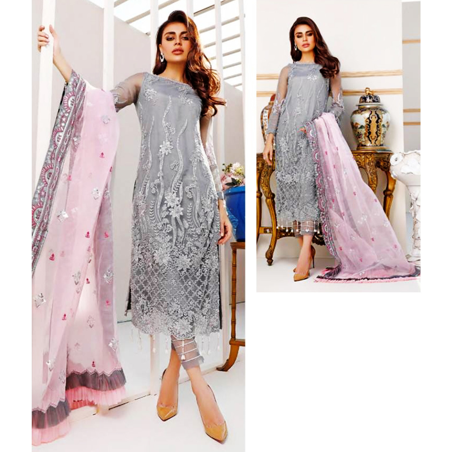 Saniya Trendz Sifona Heavy Embroidered Gray with Pink Pakistani Dress Material
