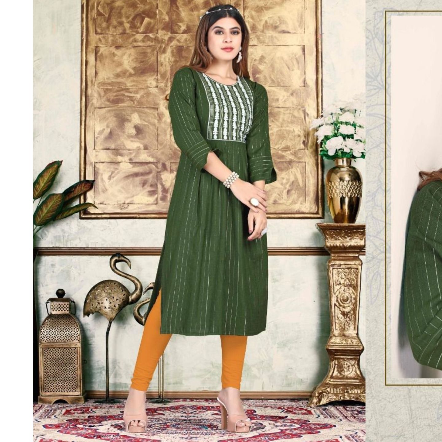 Talk By Fashion Women Cotton Lurex Dark Green Straight Kurta