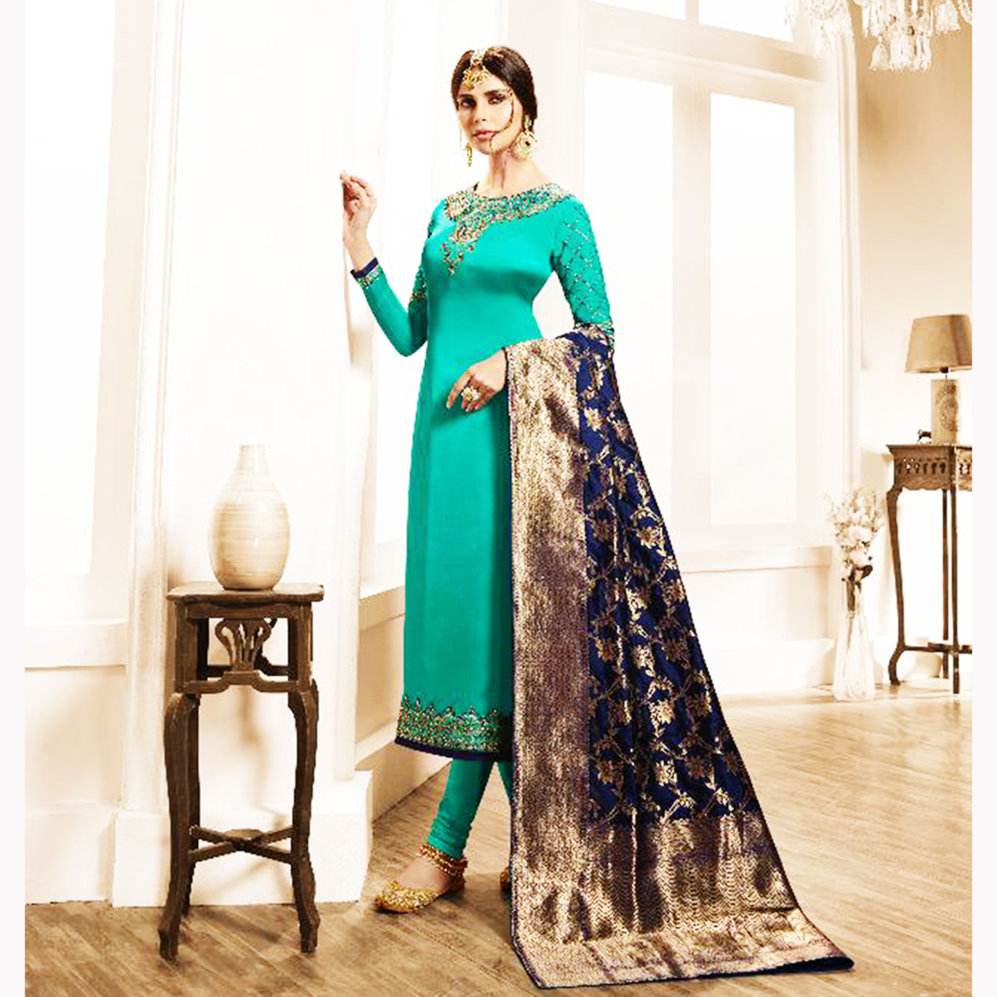 Talk By Fashion Women Satin Georgette Embroidered Dress Material