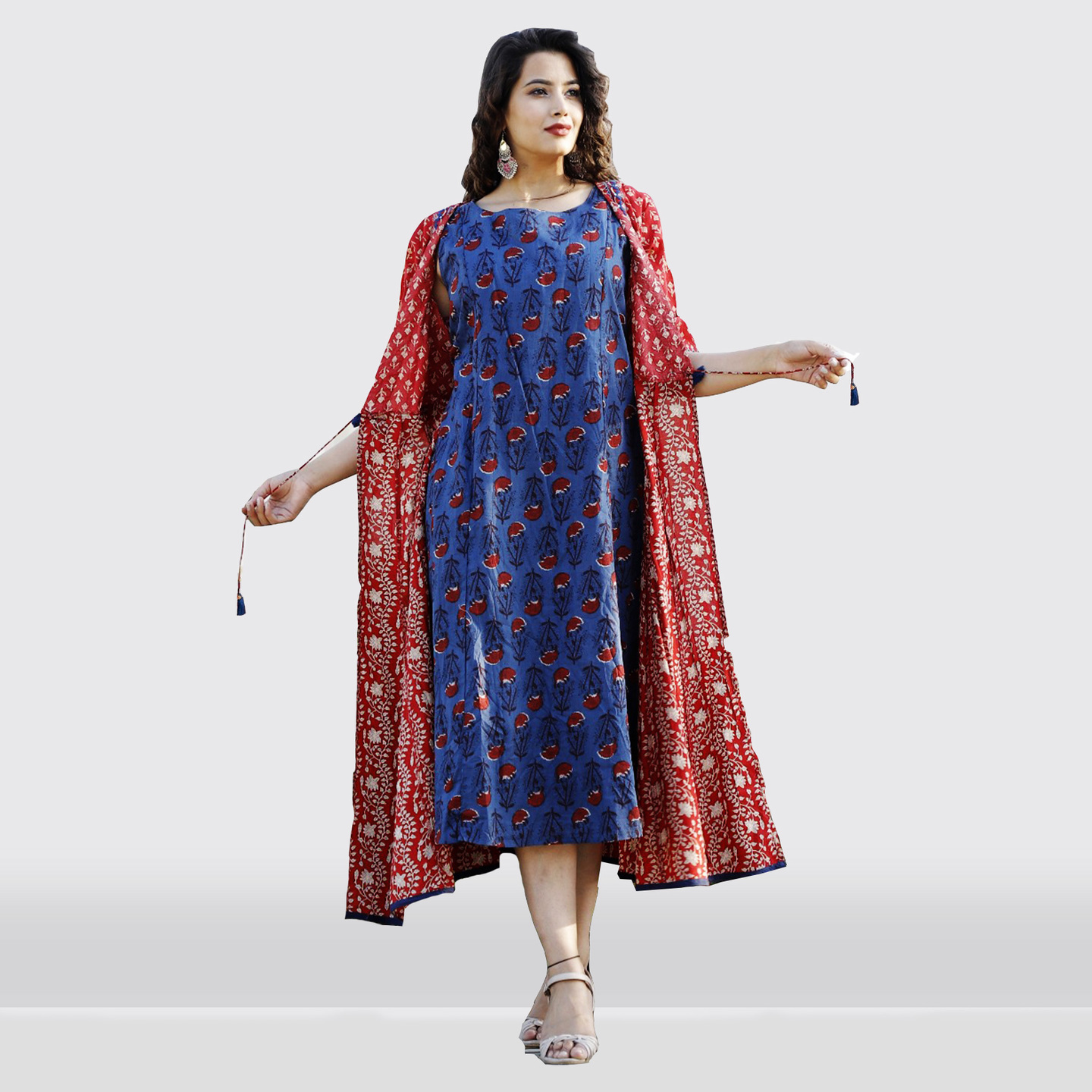 Talk By Fashion Women Cotton Printed Kurti with Long Shrug Dress