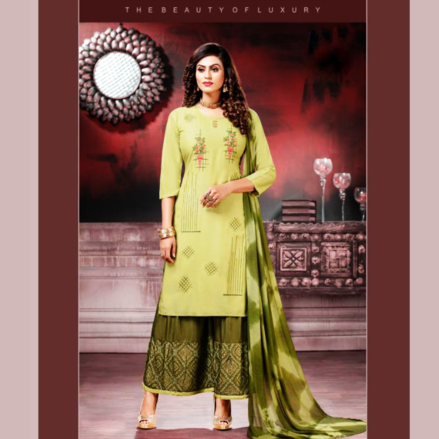 Talk By Fashion Women Heavy Rayon Kurti with Palazzo Dupatta Set Green