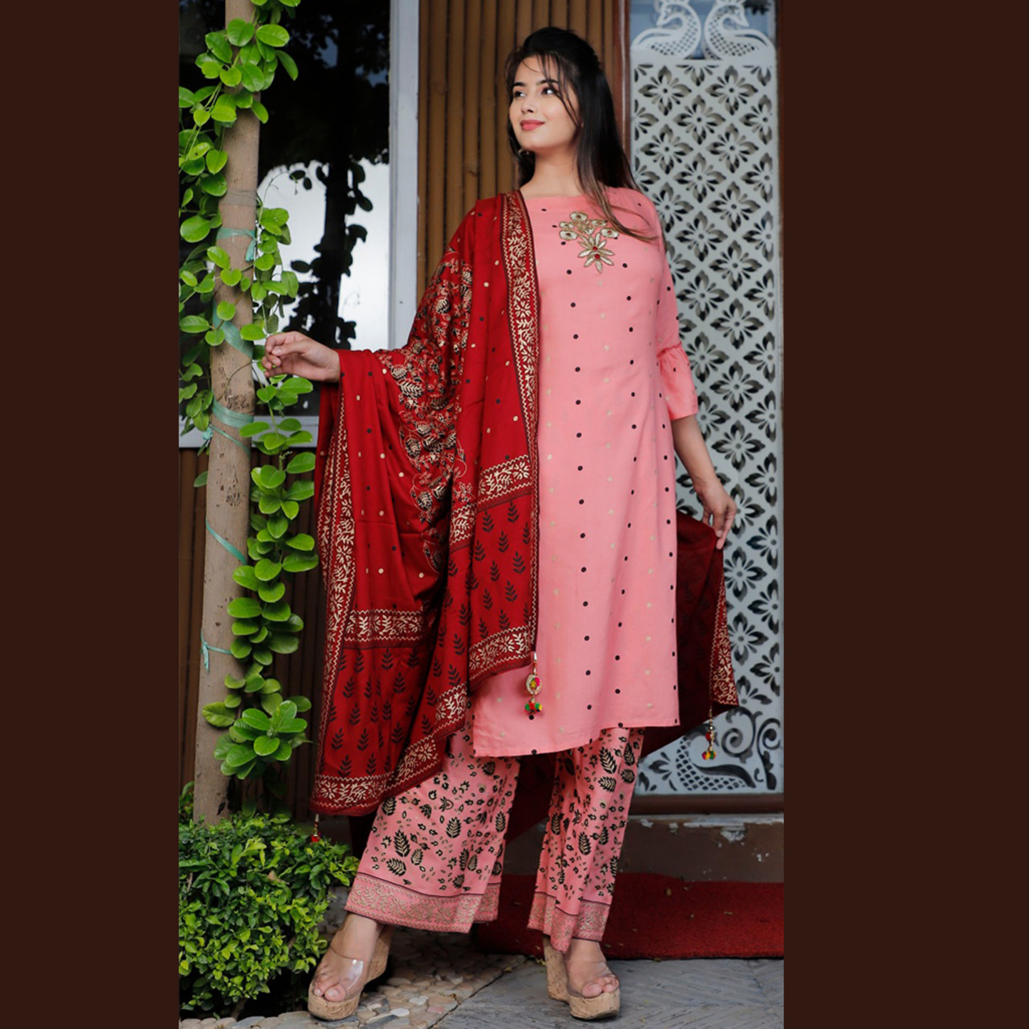 Talk By Fashion Embroidered Gold Print Heavy Palazzo Suit Set