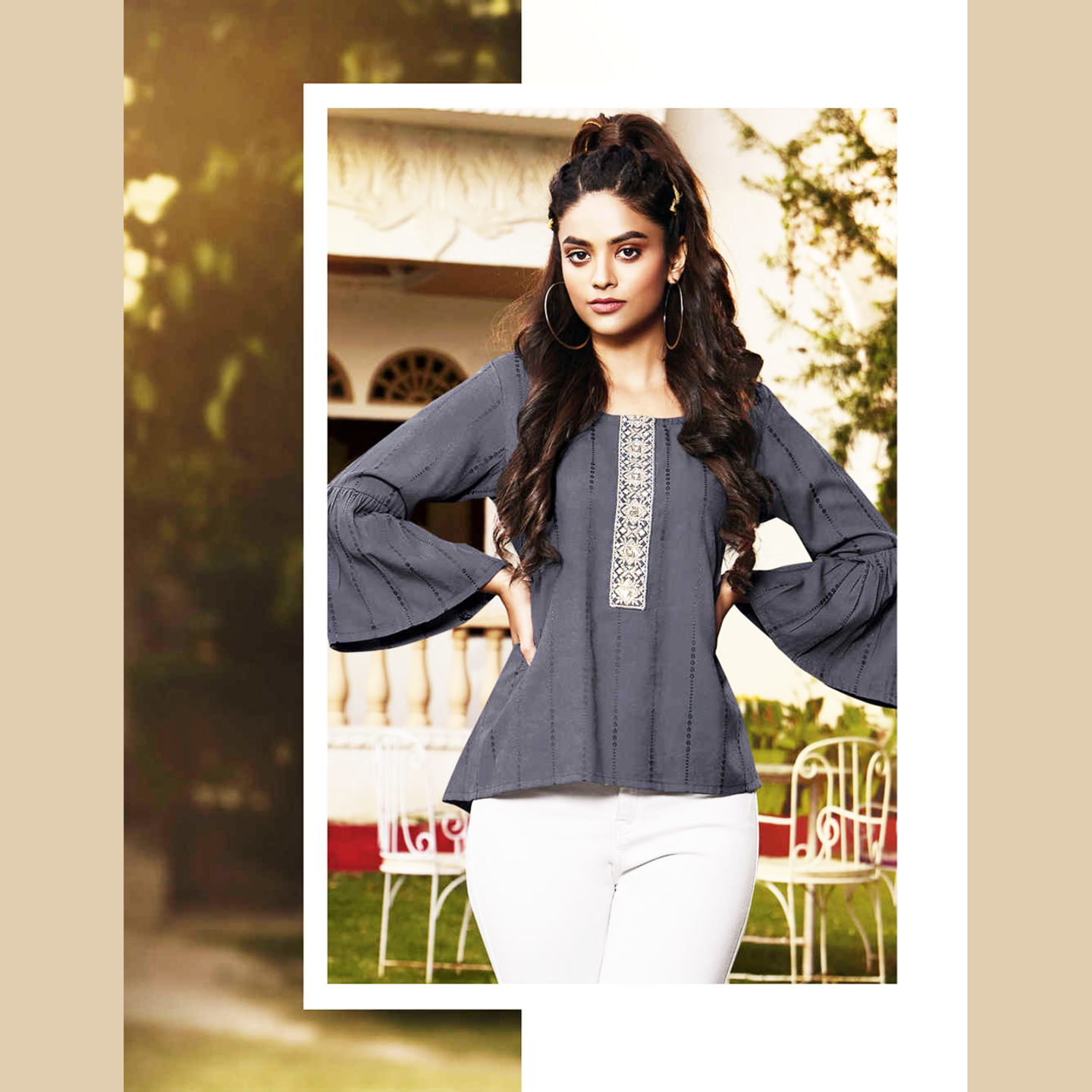 Women Dark Grey Embroidered Short Top