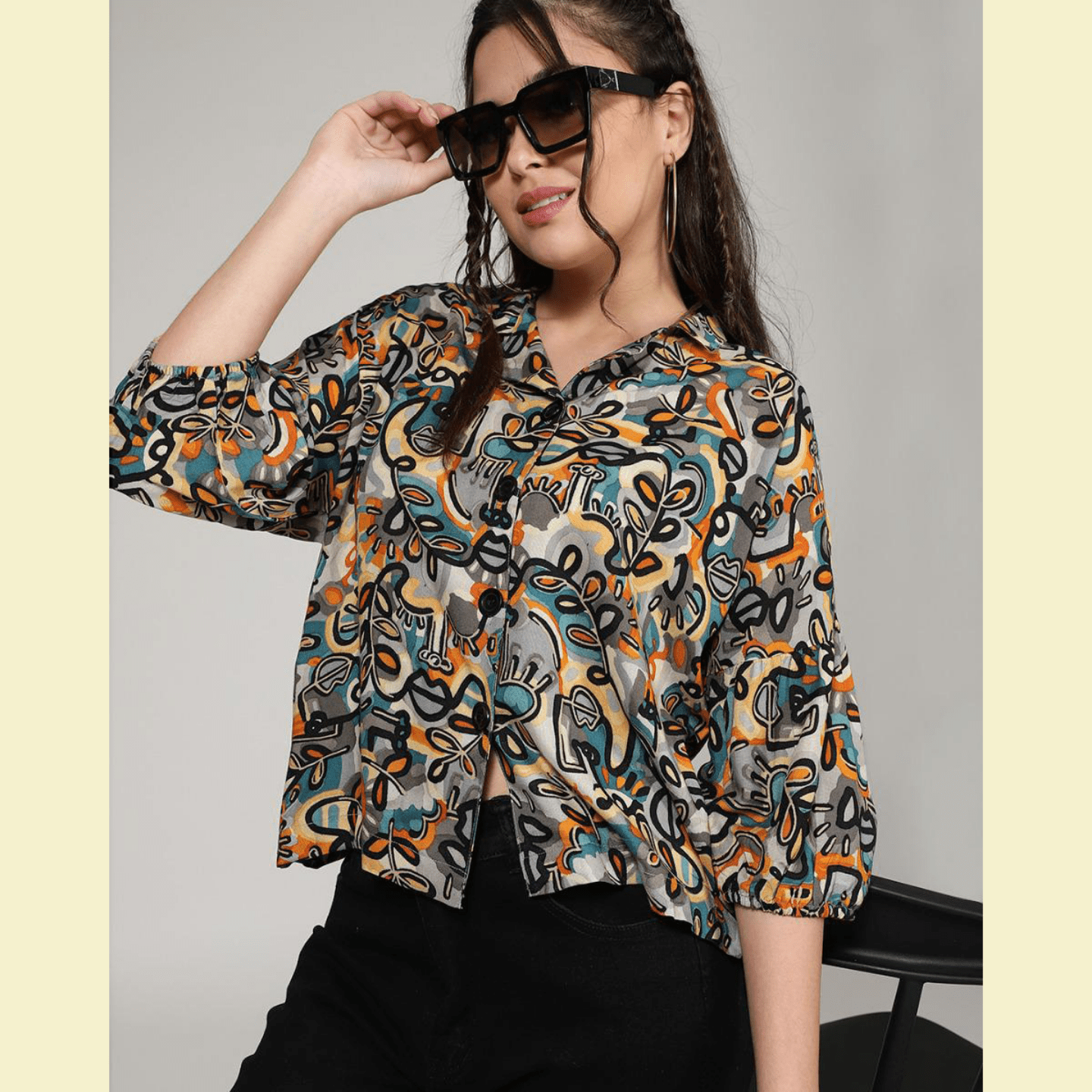 TALK BY Fashion Women Printed Crop Shirt Multicolor Black