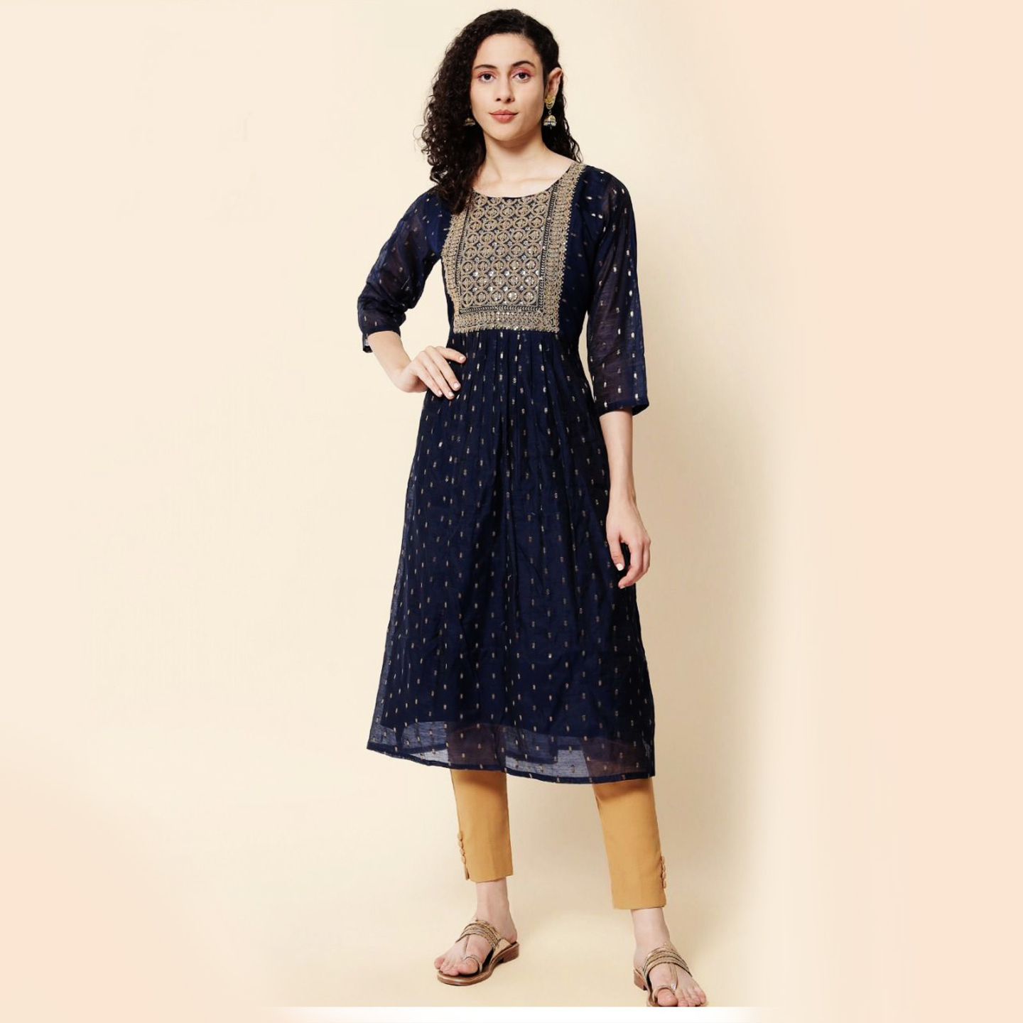Talk By Fashion Women Embroidered Viscose Chanderi Naira Straight Kurti Dark Blue