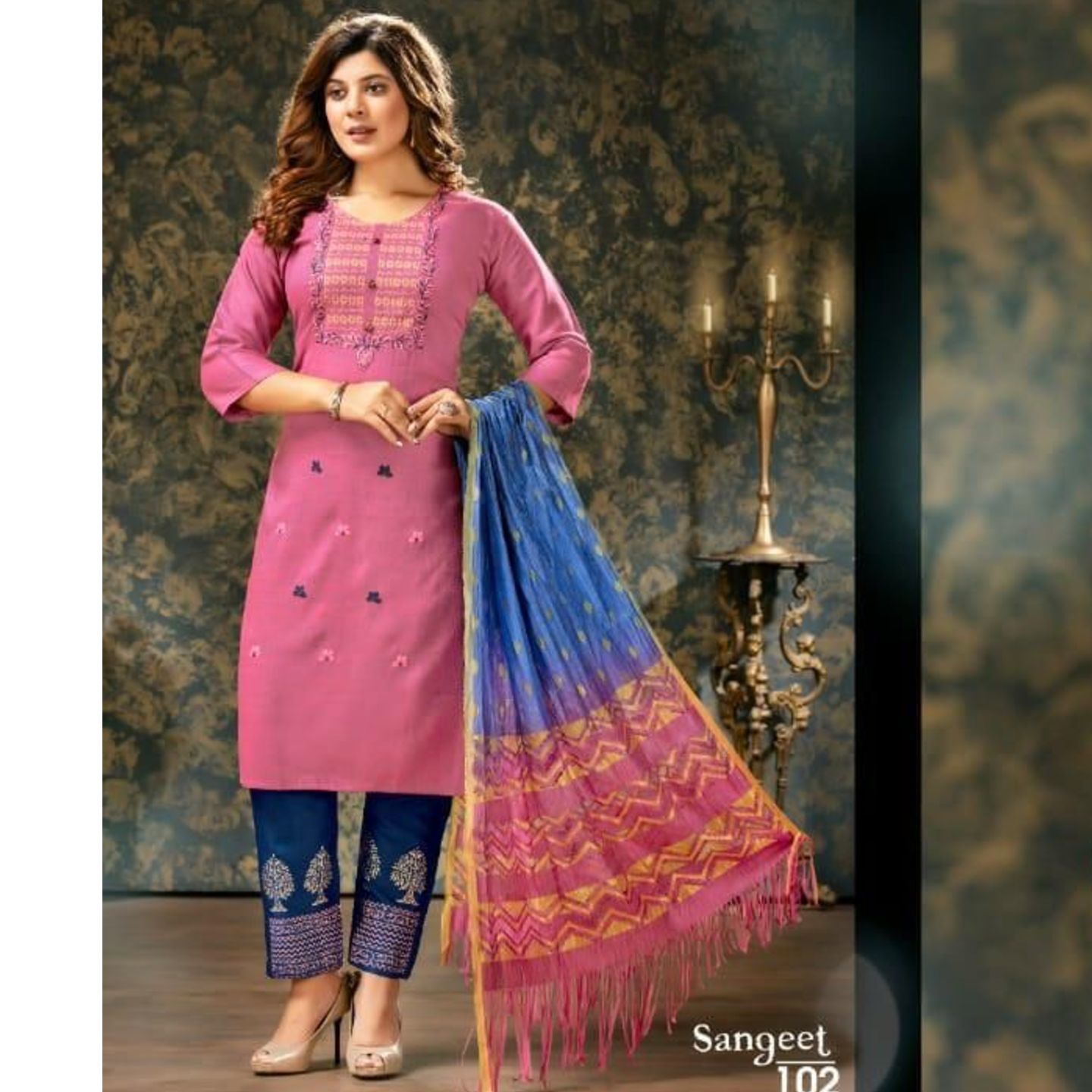 Talk By Fashion Women Pink & Blue Embroidered Cotton Kurta with Pants & Dupatta
