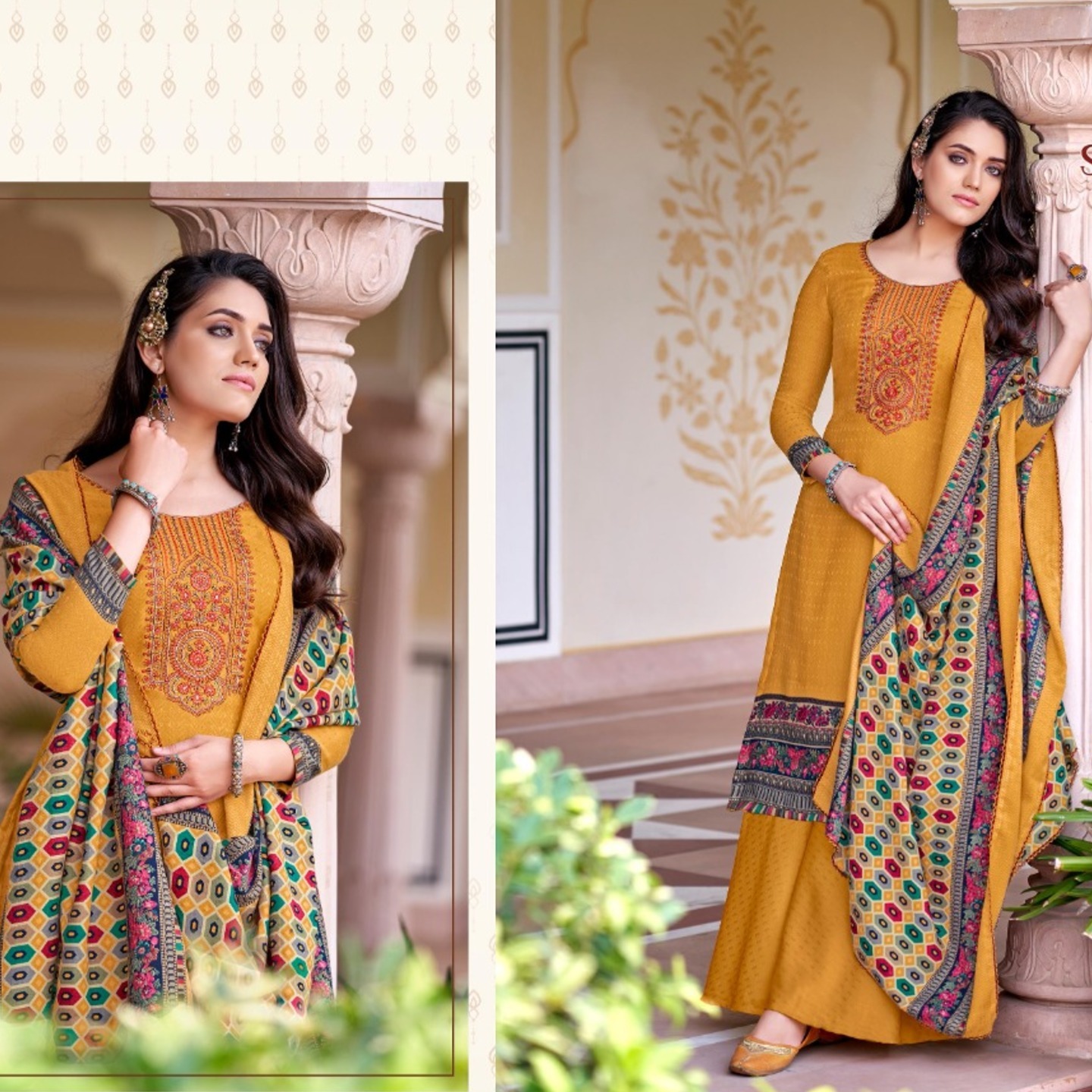 Alok Samadaa Women Yellow Color Pure Wool Pashmina Embroidered Dress Material 