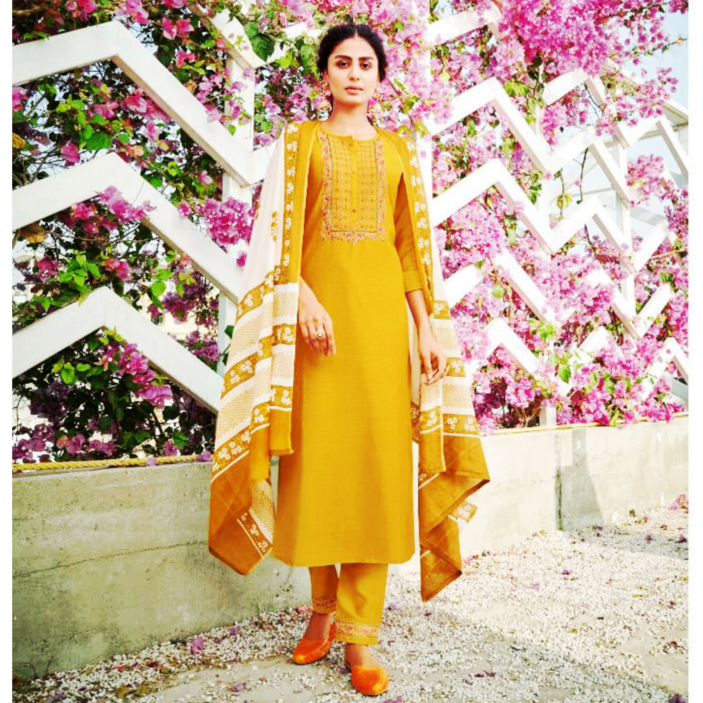Talk By Fashion Women Chinon Silk Embroidered Kurta with Pants & Dupatta Yellow