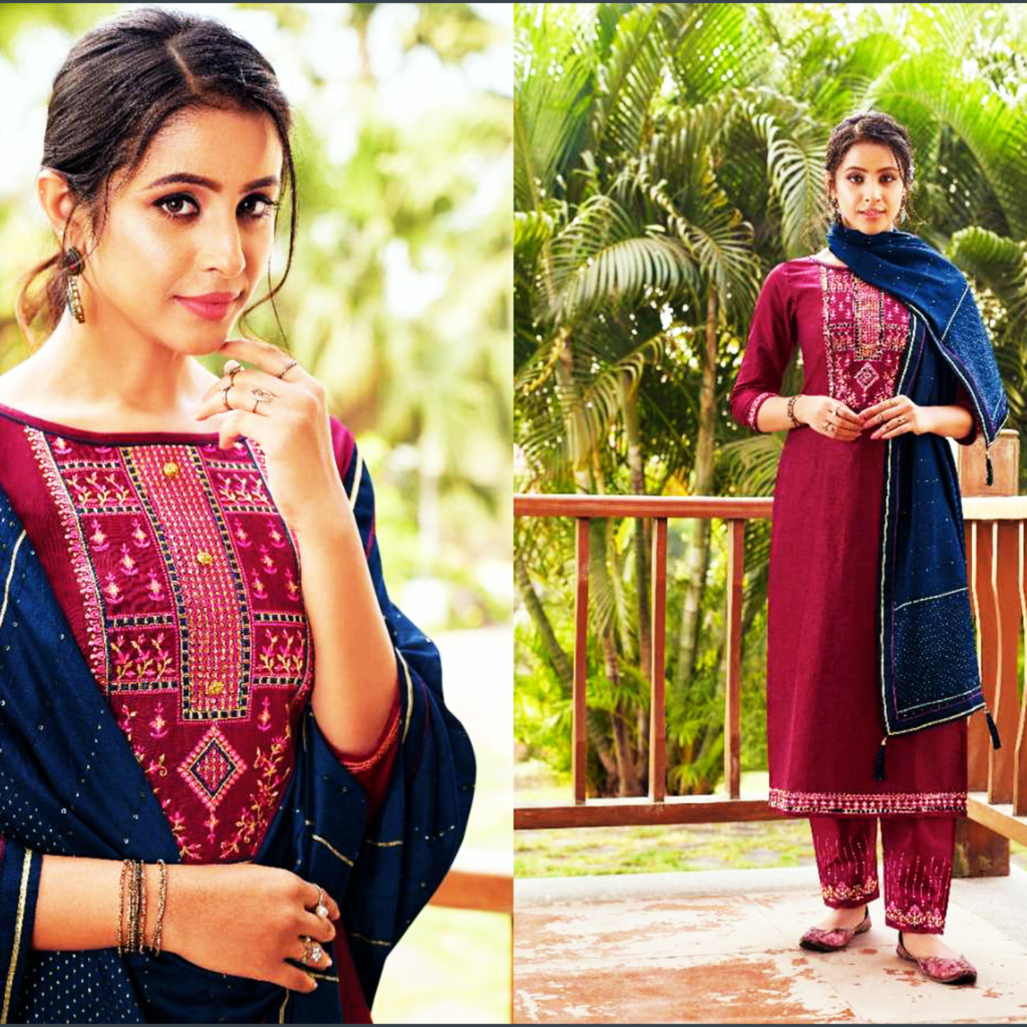 Women Magenta Color Embroidered Pure Cotton Silk Kurta with Pants & Dupatta