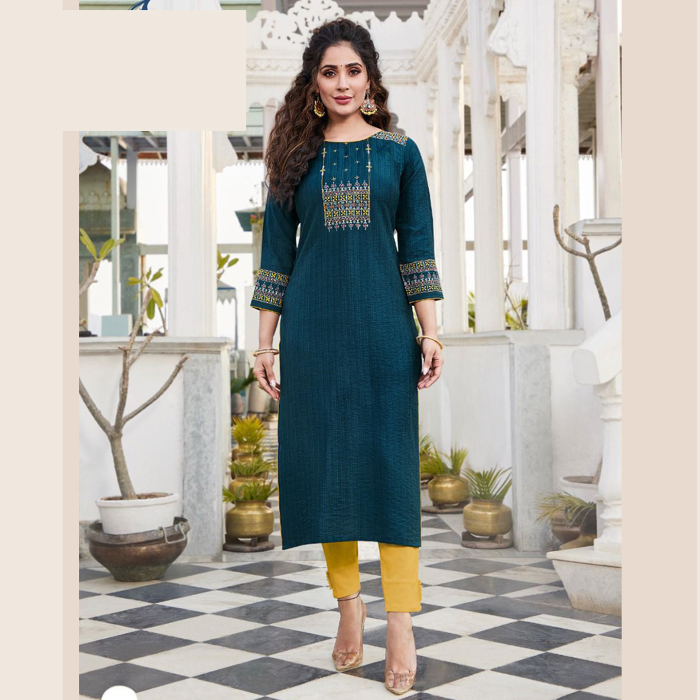 Women Dark Blue Embroidered Pure Viscose Long Kurti