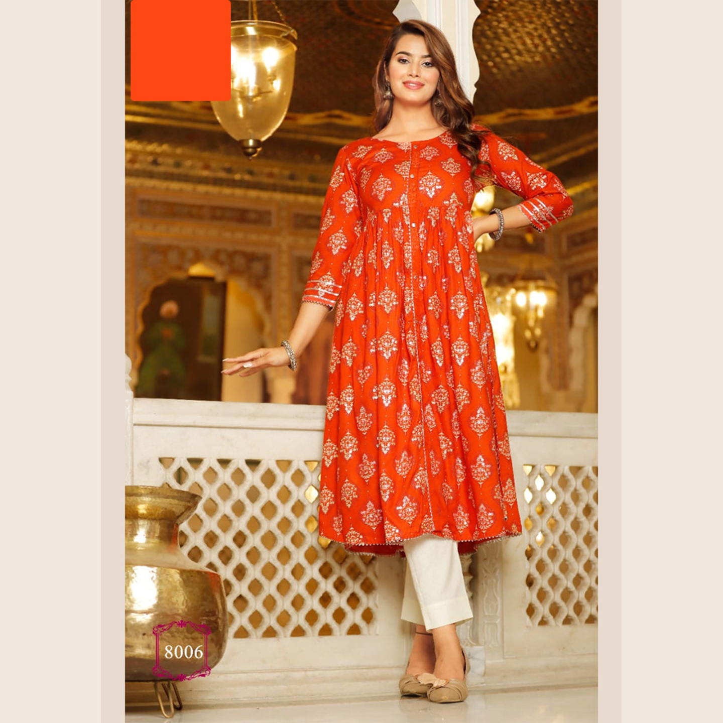 Liva Fashion Women Gold Foil Printed Orange Color Anarkali Kurti