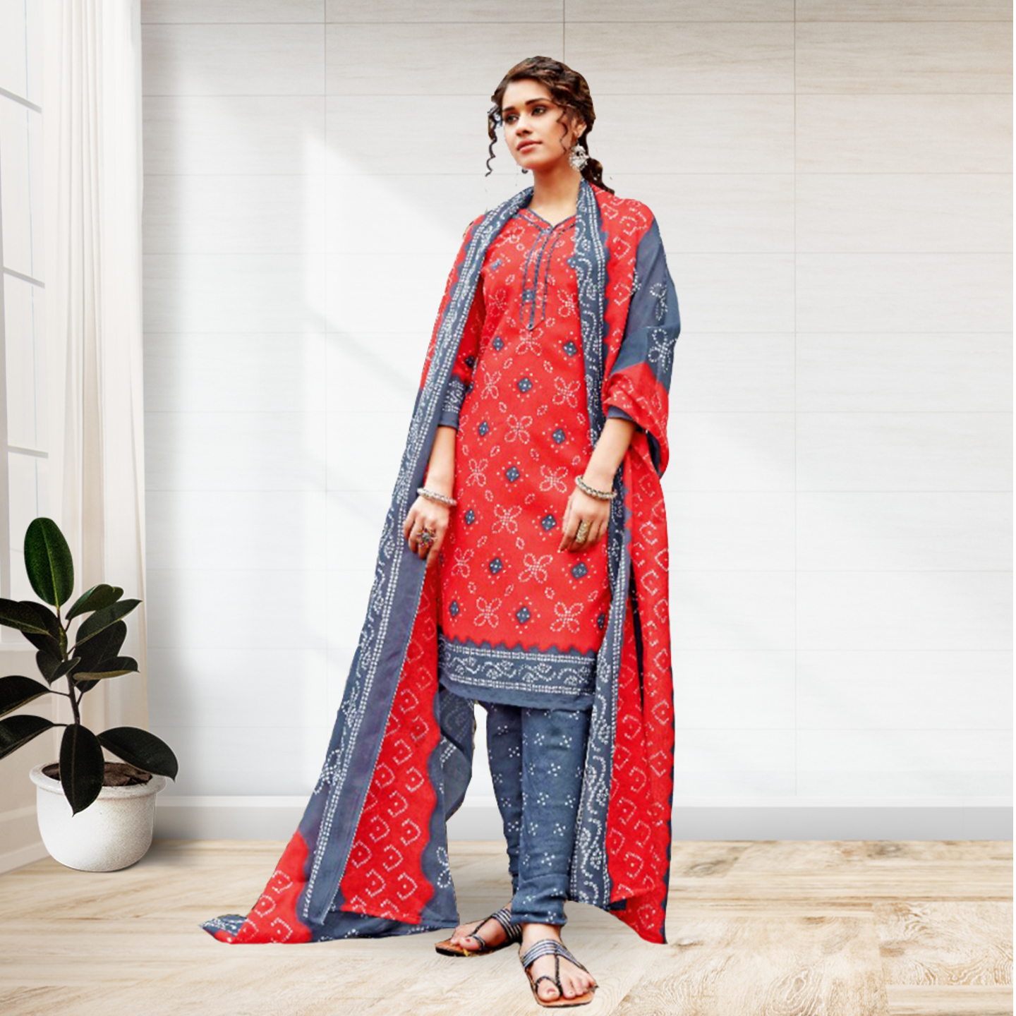 Talk By Fashion Women Soft Cotton Bandhani Print Dress Material Light Red