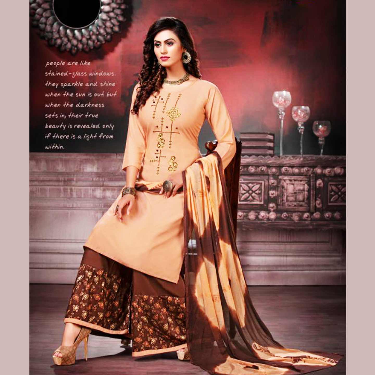 Talk By Fashion Women Heavy Rayon Kurti with Palazzo Dupatta Set Coffy color