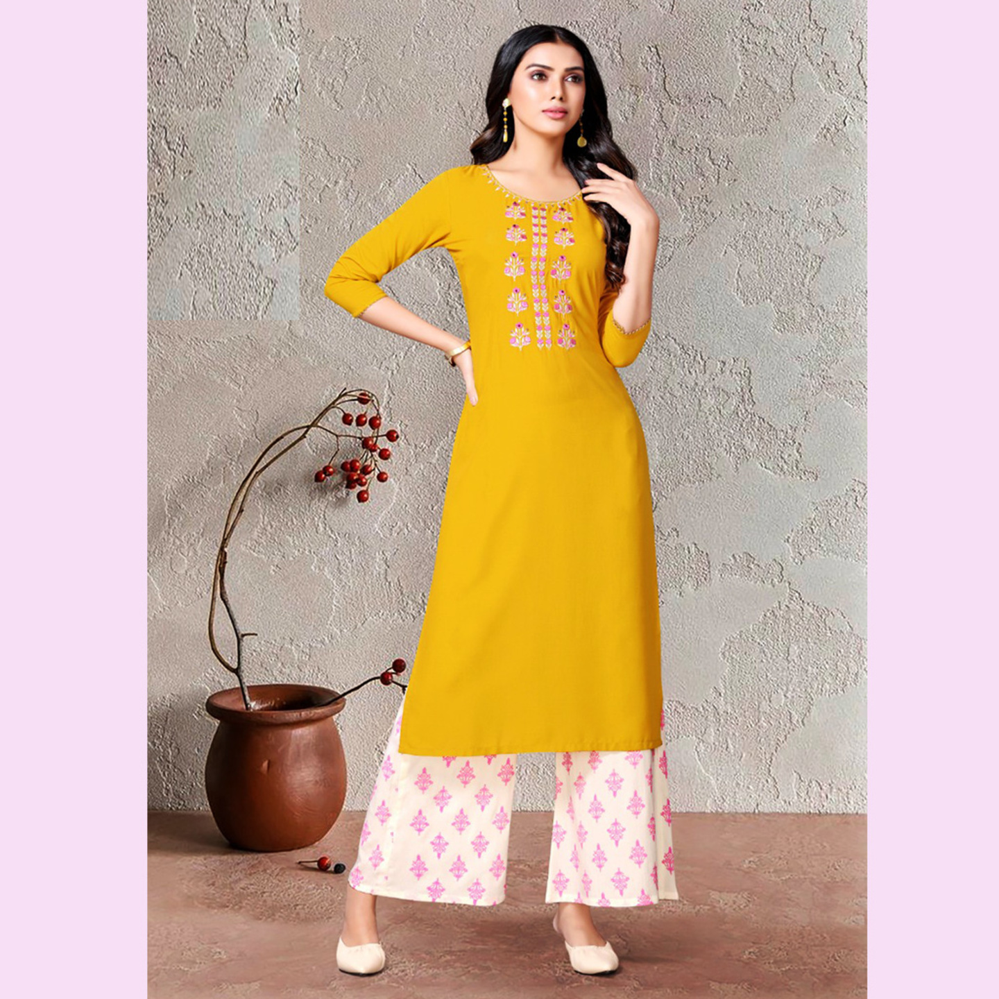 Women Embroidered A-line Yellow &Printed White Kurta Set
