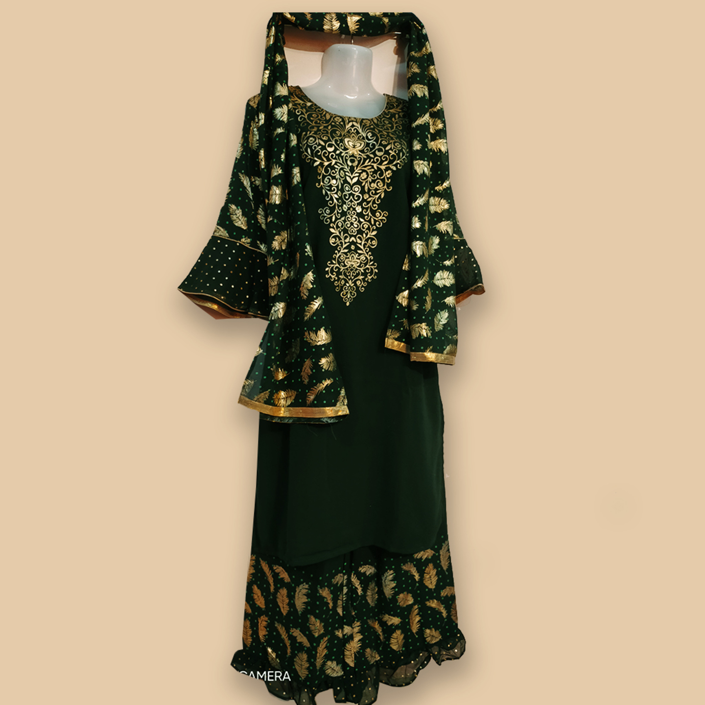 Women Bottle Green Color Gold Printed Kurta Set 