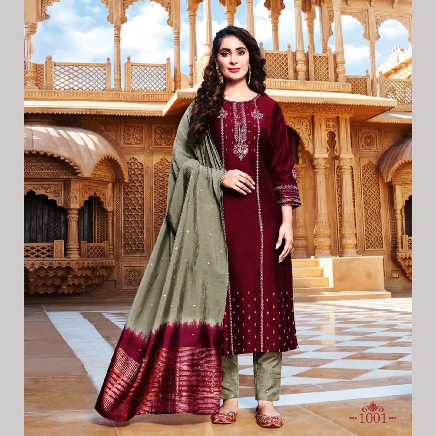 TALK BY FASHION Women Viscose Silk Kurta with Pants & Dupatta Cherry & Grey Color