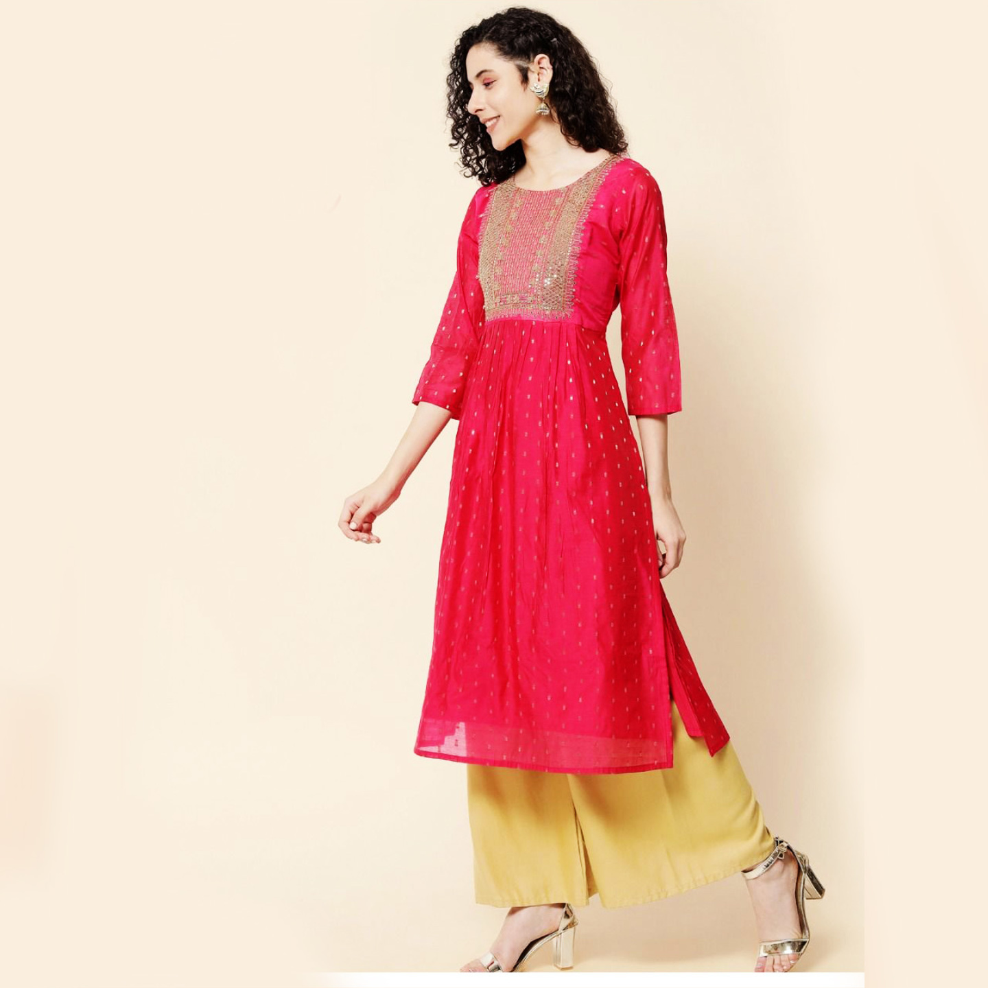 Talk By Fashion Women Viscose Chanderi Embroidered Naira Straight Kurti Pink
