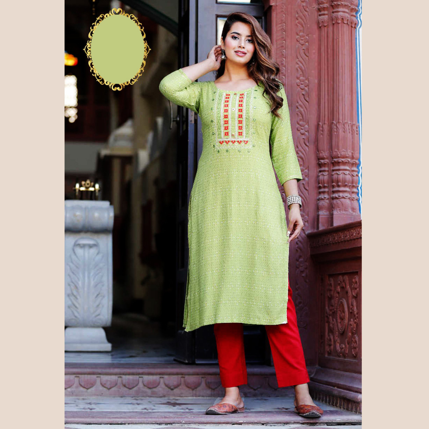 Talk By Fashion Women Pistachio Green Embroidered Straight Long Kurti