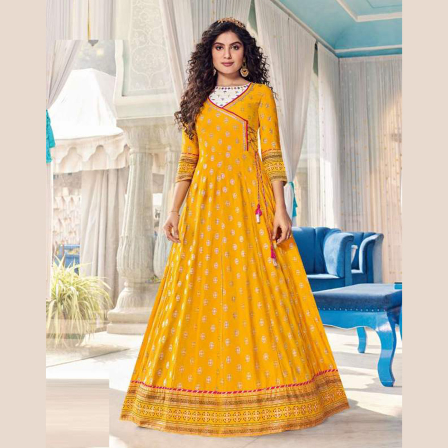 Talk By Fashion Women Yellow Printed Anarkali Long Gown