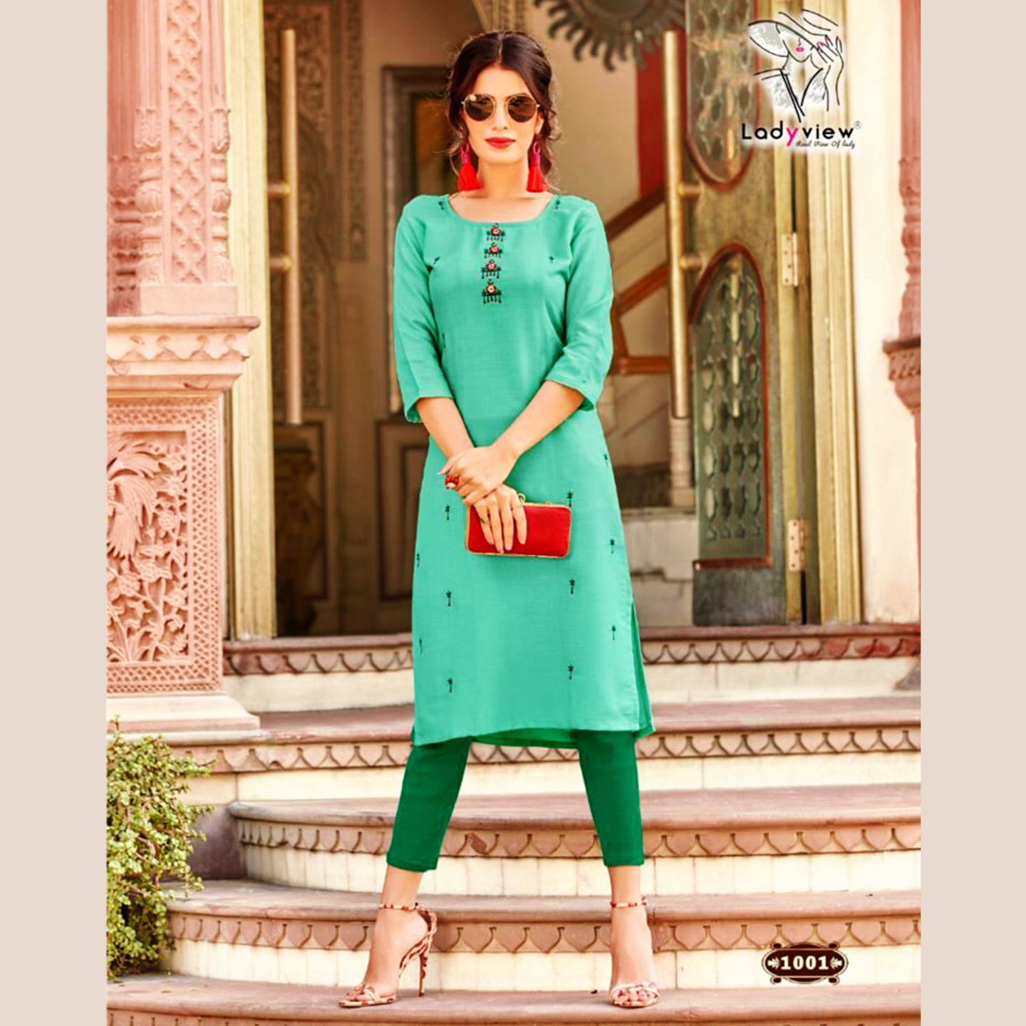Talk By Fashion Women Sea Green Embroidered Cotton Straight Kurti