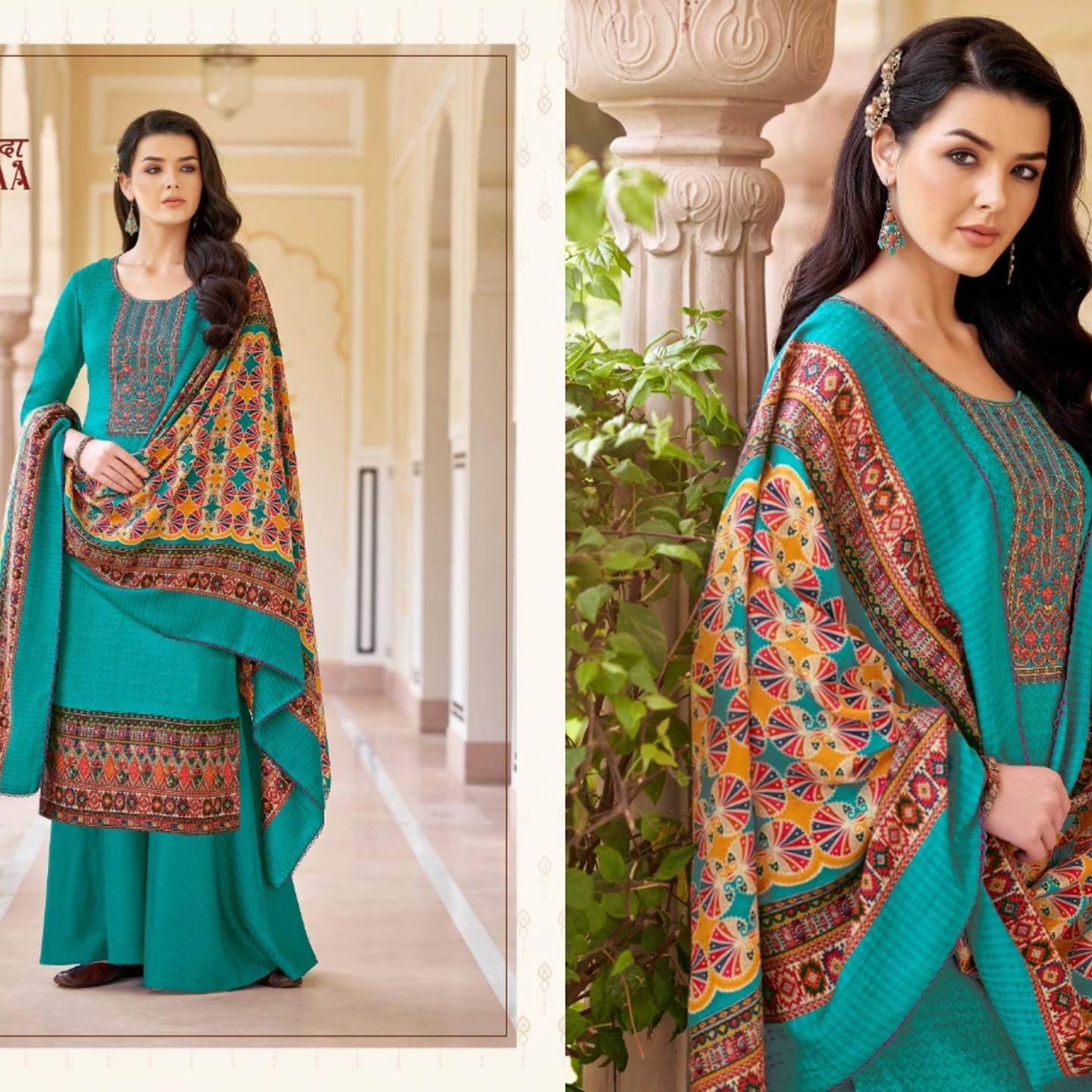 Alok Samadaa Women Ocean Blue Color Pure Wool Pashmina Embroidered Dress Material 